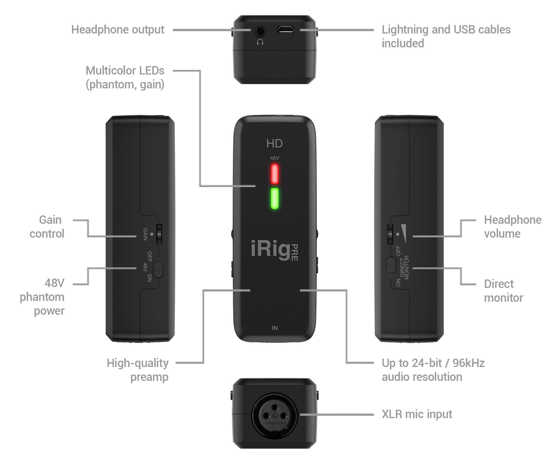 Headphone output  
Lightning and USB cables included  
Multicolor LEDs (phantom, gain)  
HD 48V Gain control  
48V phantom power  
GAIN OFF  
48V NO  
iRig PRE OFF  
DIRECT MONITOR ON  
Headphone volume  
Direct monitor  
IN  
High-quality preamp  
Up to 24-bit / 96kHz audio resolution  
AUIEA XLR mic input