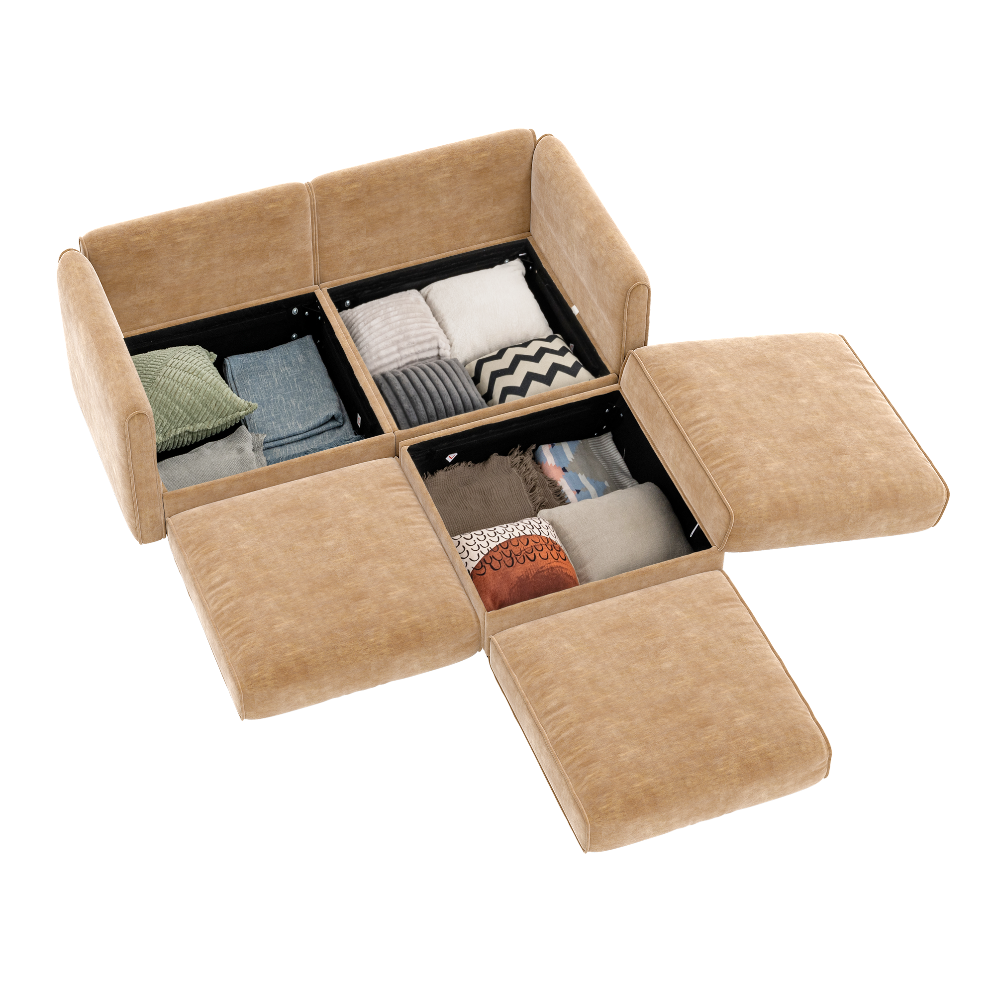 Left. Anysun - Chenille 2-Seater Loveseat with Ottoman Storage - Cylindrical Backrest & Armrests, Modern Hidden Storage Design - Camel.