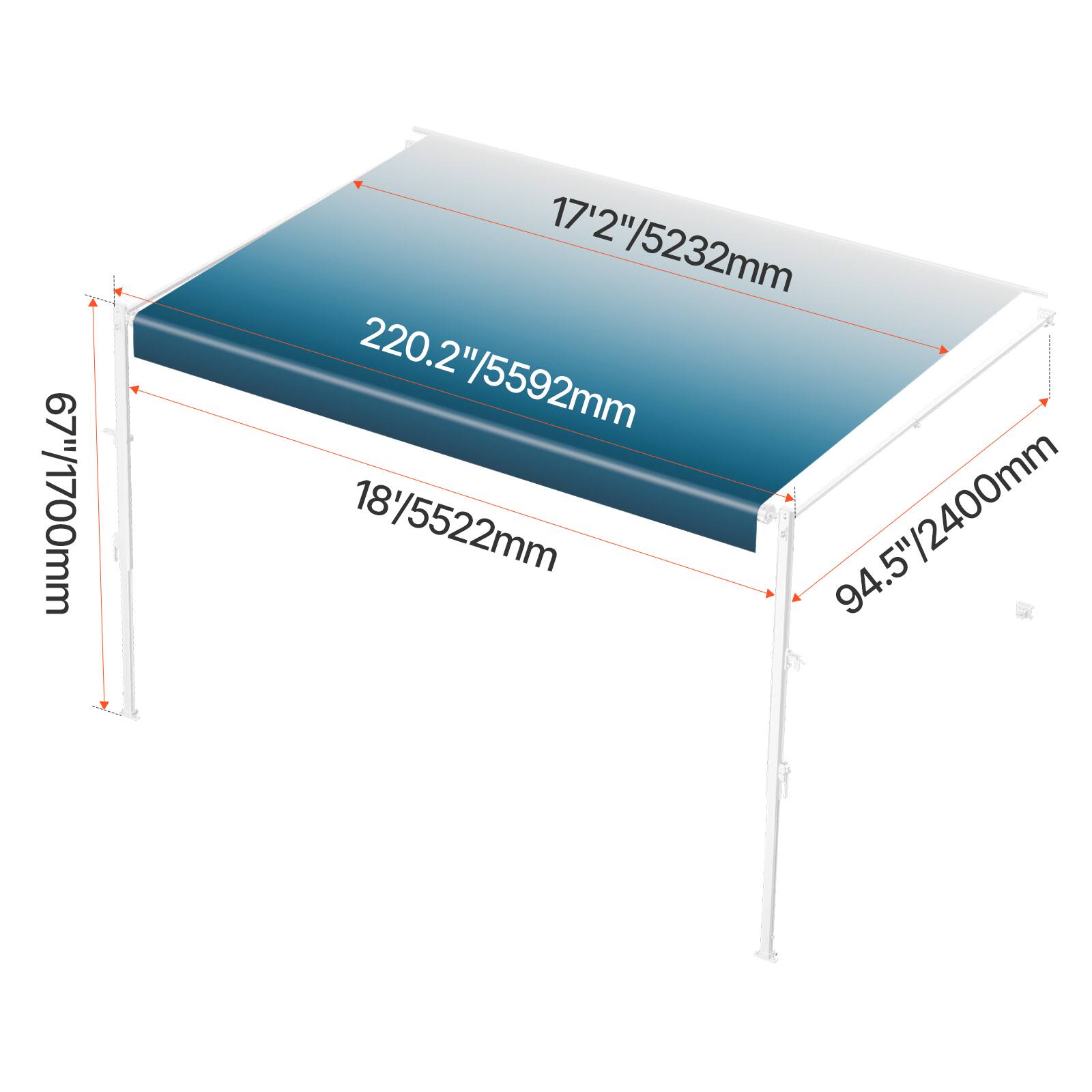 67"/1700mm  
17'2"/5232mm  
220.2"/5592mm  
18"/5522mm  
94.5"/2400mm