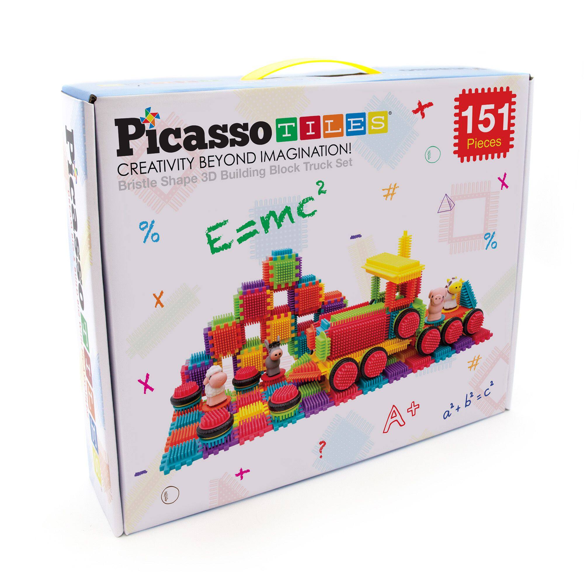 Picasso Tiles  
Creativity Beyond Imagination!  
Bristle Shape 3D Building Block Truck Set  
151 Pieces  
E=mc²  
a² + b² = c²  
%  
#  
?  
A+