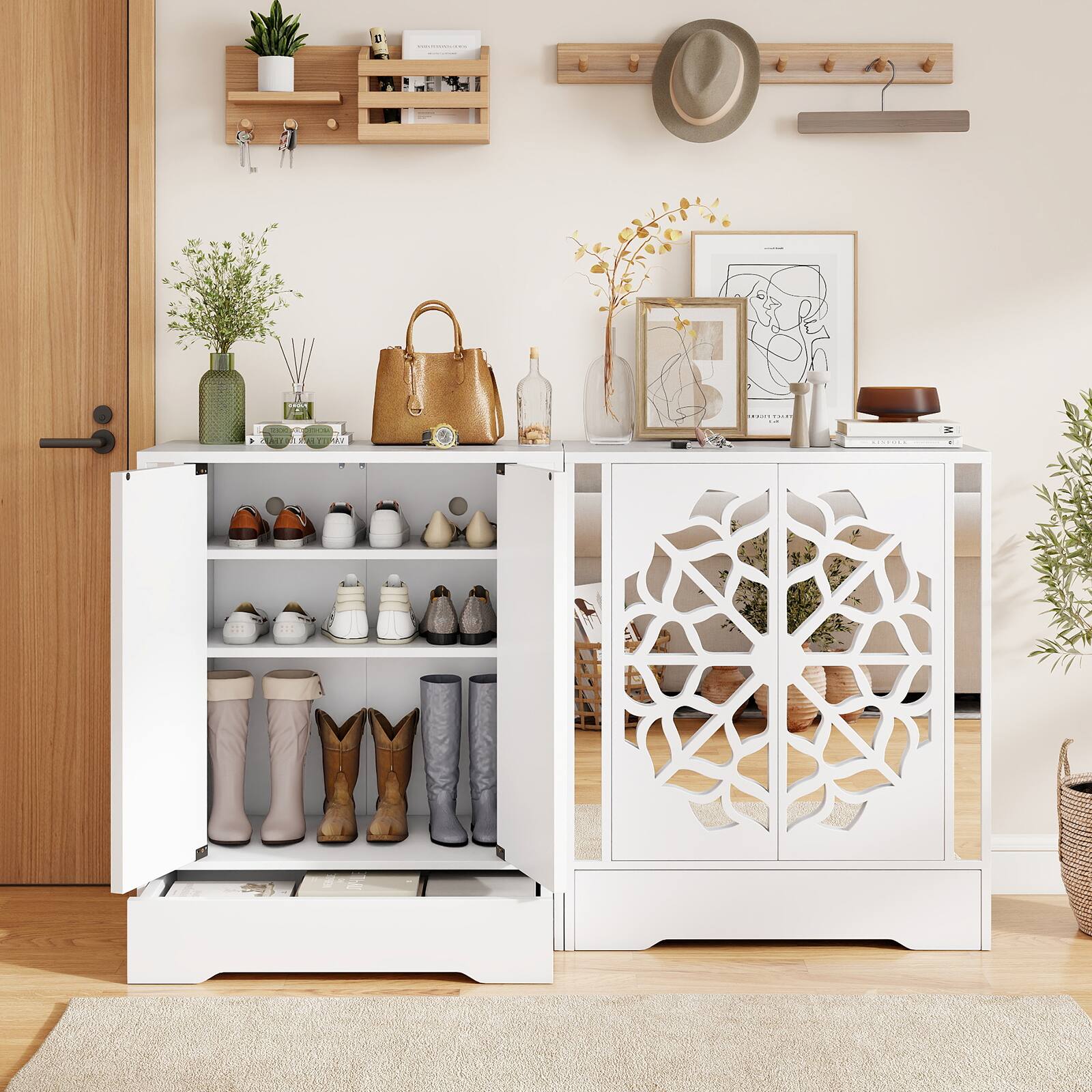 Alt View 8. Gymax - Gymax 6-Tier Mirrored Shoe Organizer w/Laser-Engraved Floral Patterns for Entryway - White.