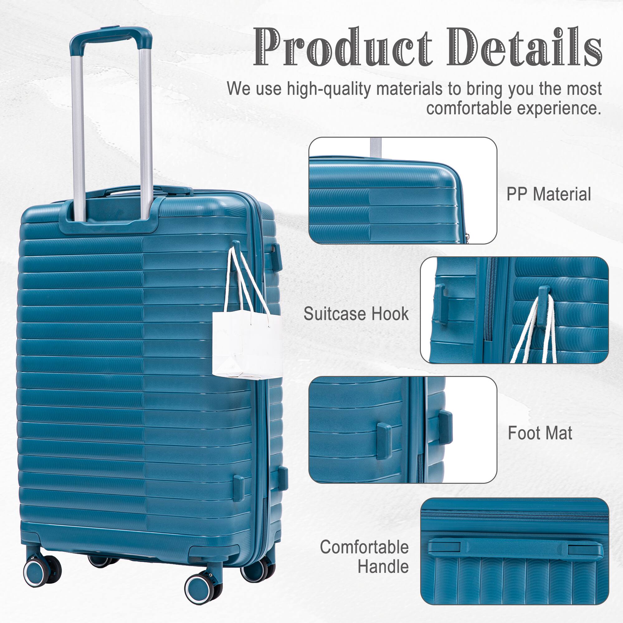 Product Details  
We use high-quality materials to bring you the most comfortable experience.  

- PP Material  
- Suitcase Hook  
- Foot Mat  
- Comfortable Handle