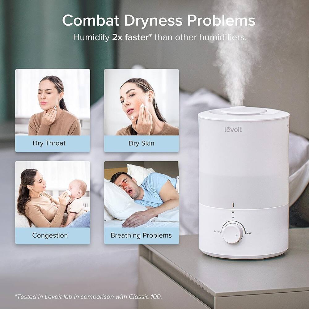 Combat Dryness Problems  
Humidify 2x faster* than other humidifiers.  

Dry Throat  
Dry Skin  
Congestion  
Breathing Problems  

*Tested in Levoit lab in comparison with Classic 100.