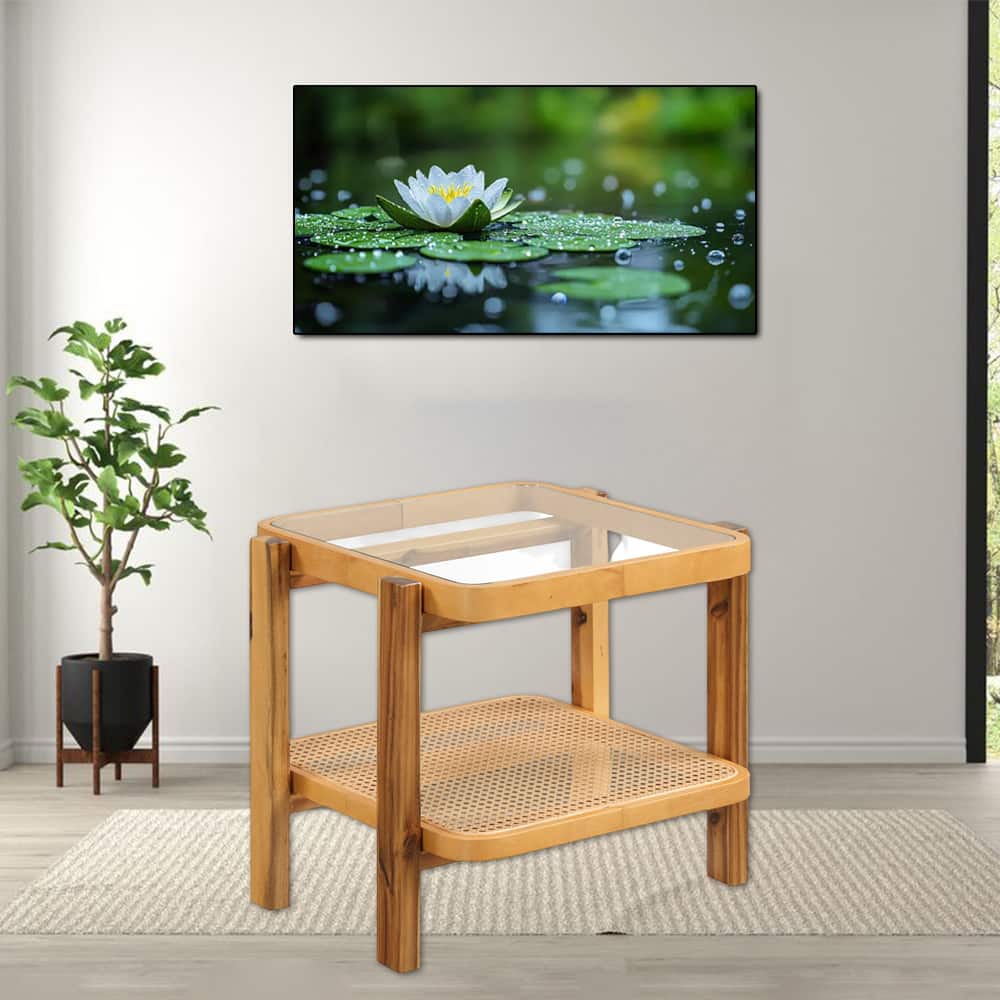 Hivvago - Double-Layer Rattan End Table with Tempered Glass Top and Solid Acacia Frame - Natural