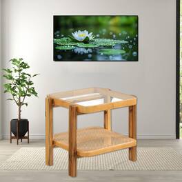 Hivvago - Double-Layer Rattan End Table with Tempered Glass Top and Solid Acacia Frame - Natural