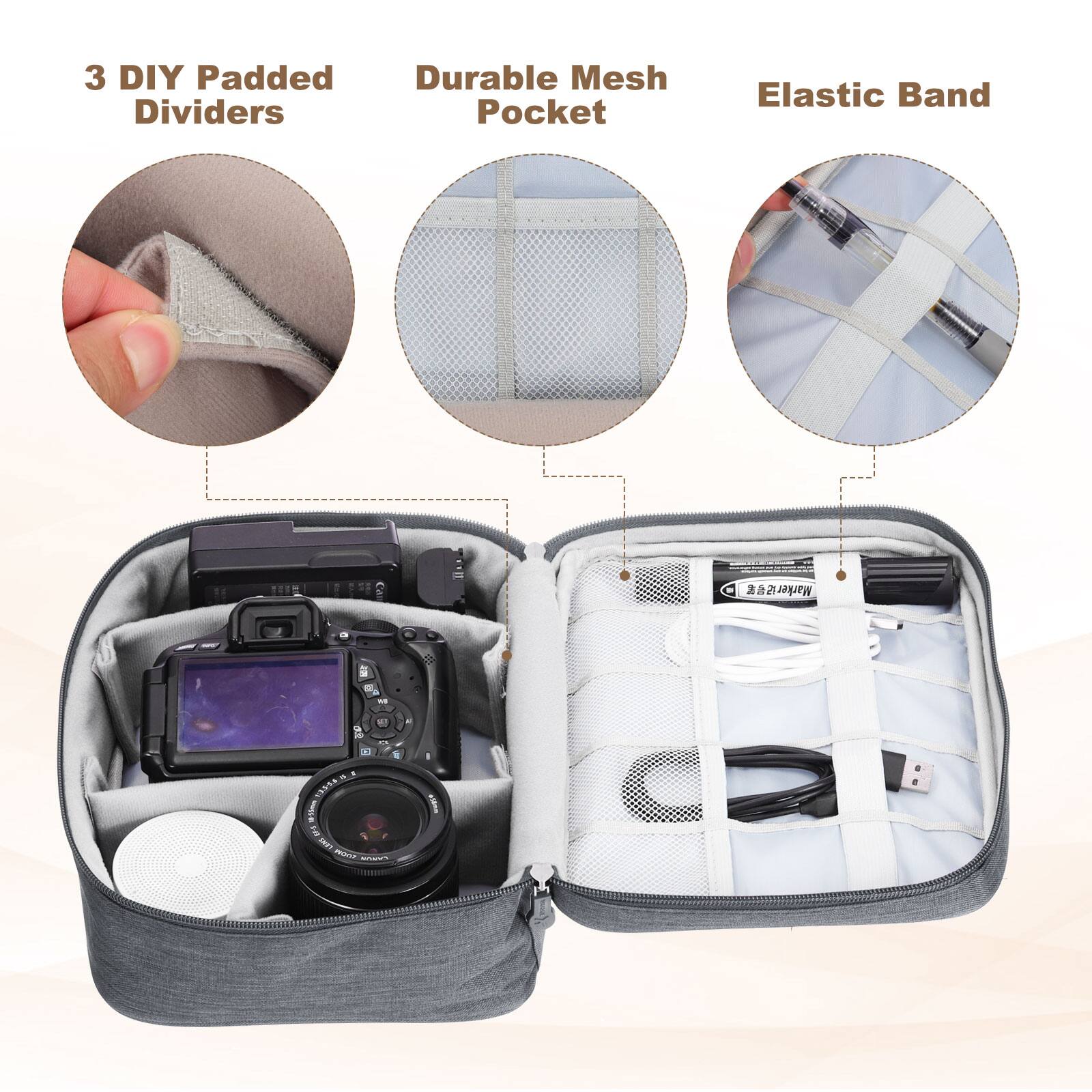 3 DIY Padded Dividers  
Durable Mesh Pocket  
Elastic Band