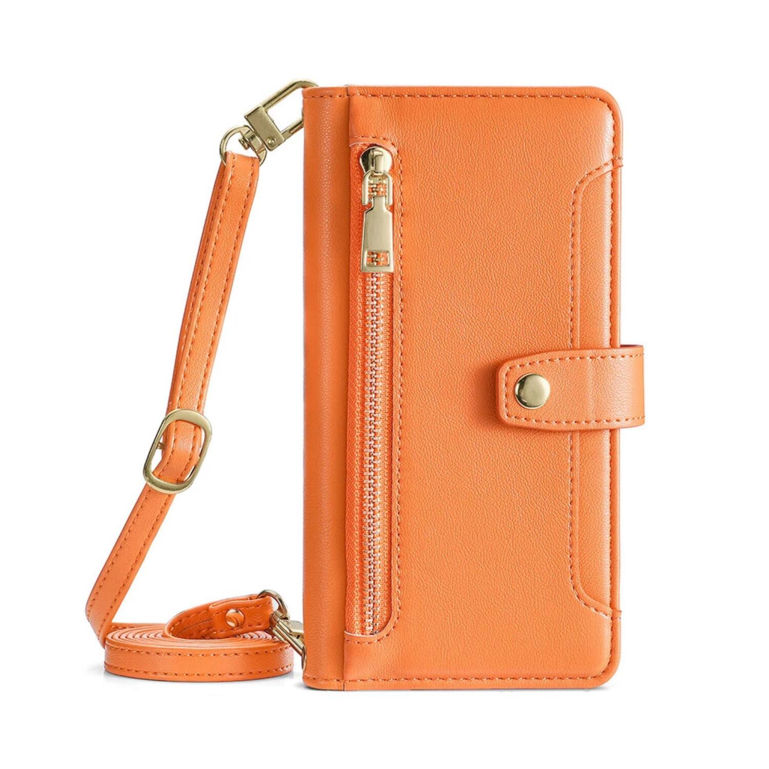 Front. Stock Preferred - iPhone 17 Pro Max PU Leather Crossbody Wallet Case Orange - Orange.