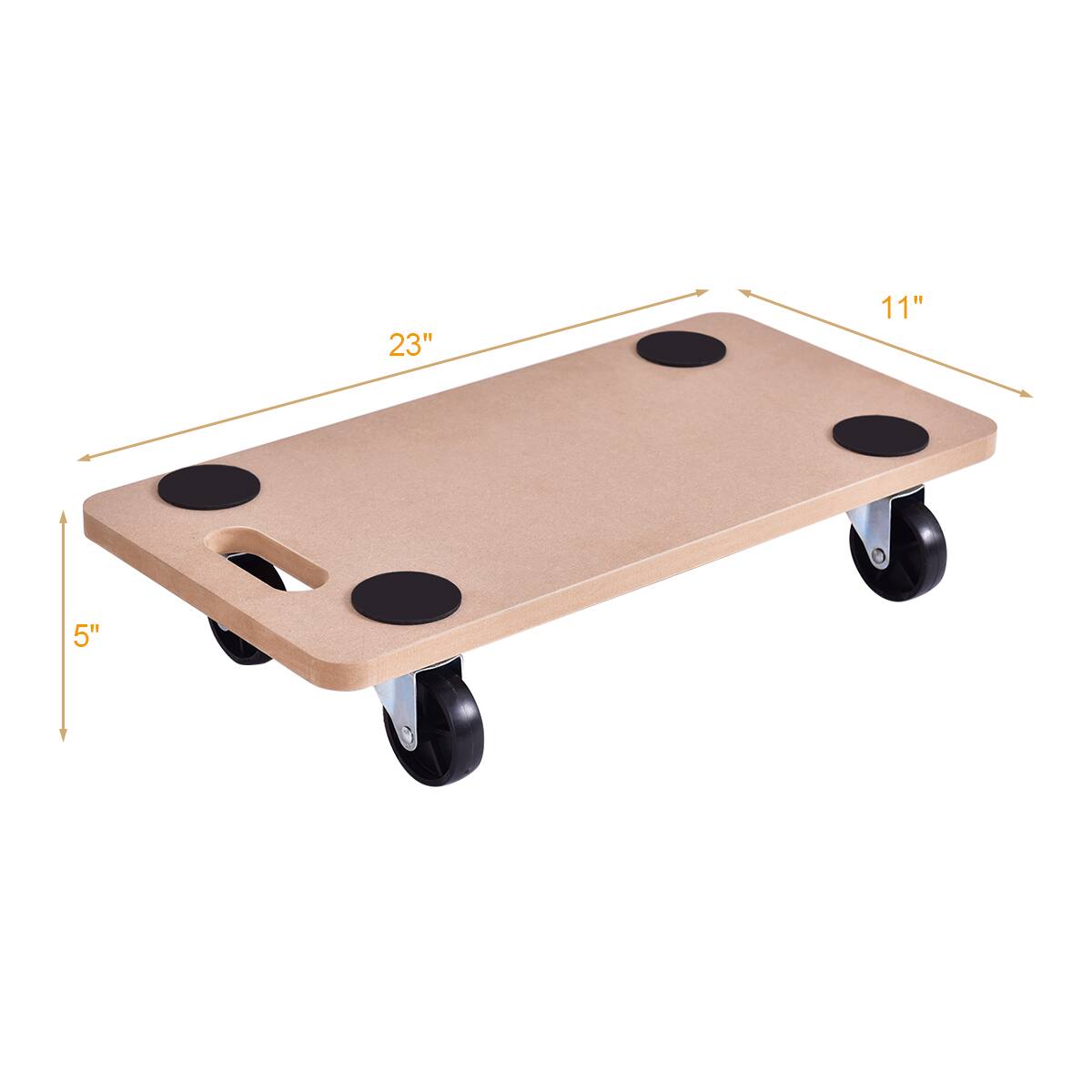 The text on the image reads "23" 11" 5". This indicates that the wooden skateboard has a length of 23 inches, a height of 11 inches, and a width of 5 inches.