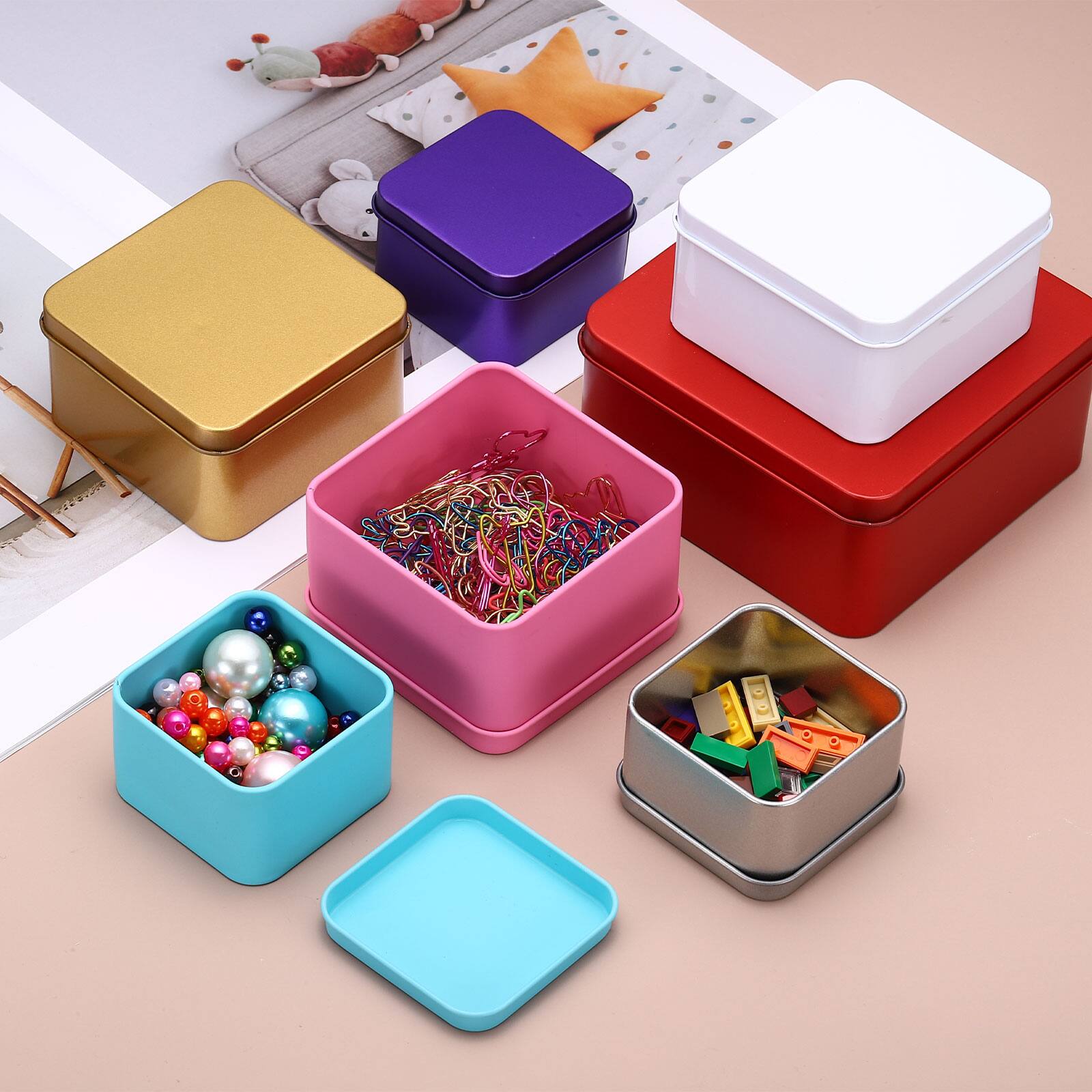 Alt View 3. Unique Bargains - 2pcs Metal Tin Box, 3.1x1.8" Square Tinplate Lid, Portable Storage Candy Jars for Valentine's Day, Candle Jewelry - Dark Purple.
