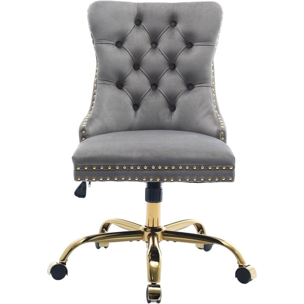 Halitaa - Velvet Tufted Vanity Chair with Gold Base - 360° Swivel Wheels & Wide Soft Comfortable Cushion,for Bedroom & Office - Gray