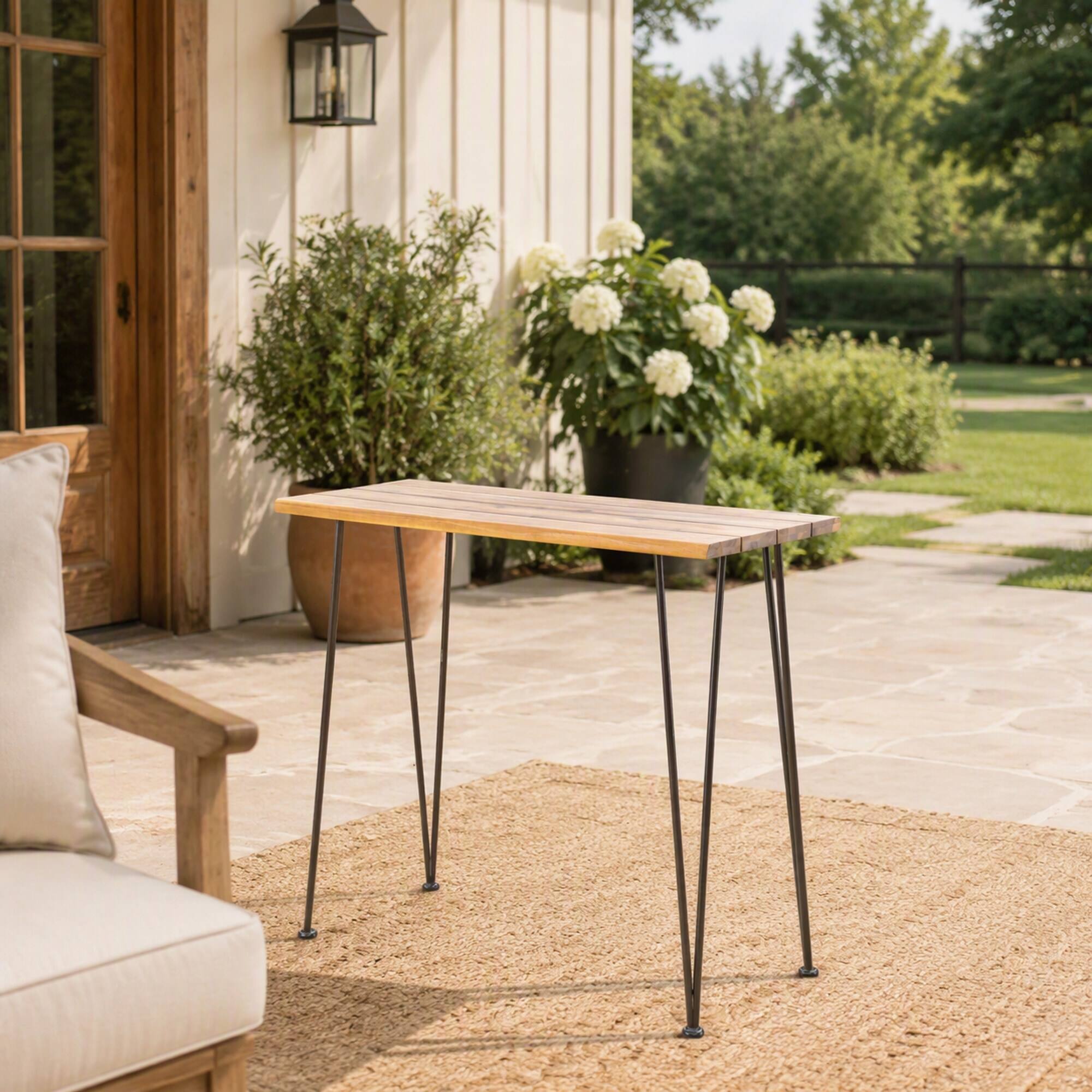 Left. RYHNUYNE - Outdoor Industrial Counter Height Bar Table, Acacia Wood Top with Dark Metal Hairpin Legs for Patio Backyard Garden - Teak+ Black.