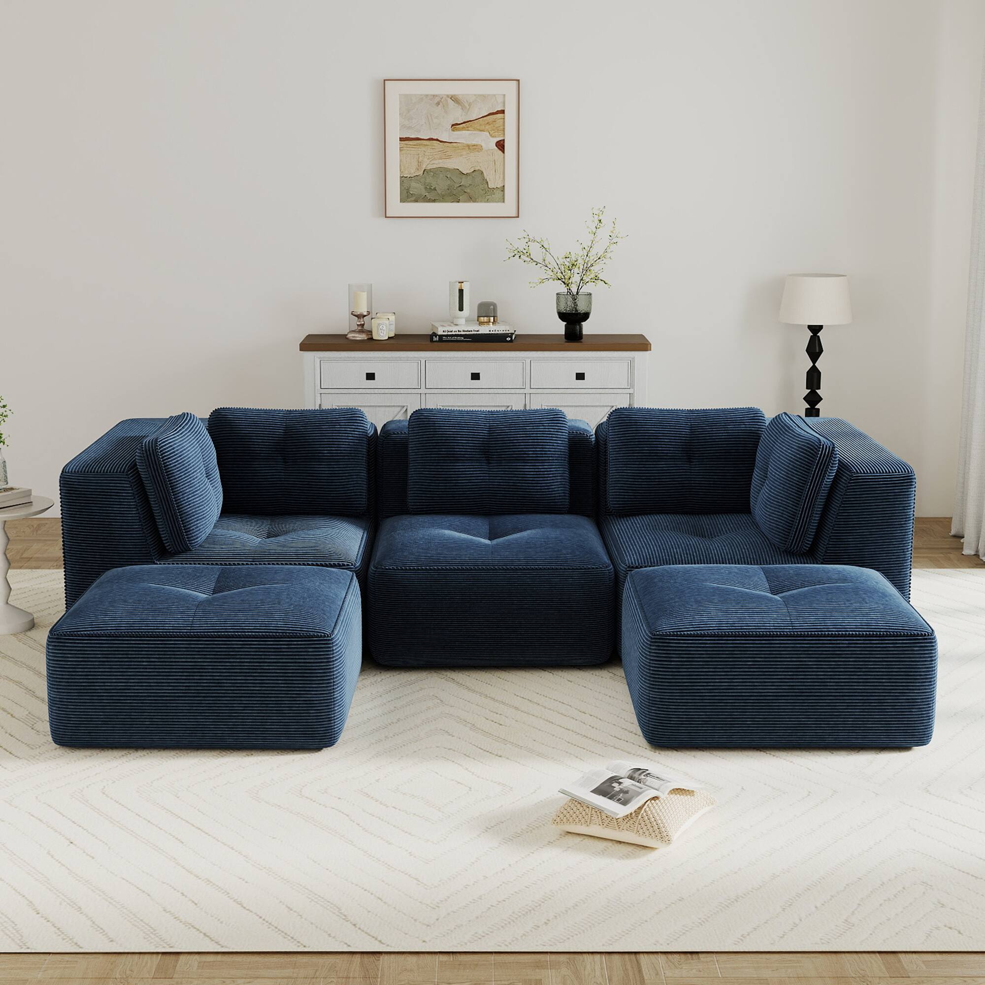 Left. LOVMOR - 3 Seater Corduroy Sectional Couch Modular Deep Seat Storage Ottoman No Assembly Compressed Pack Tufted For Den - Blue.