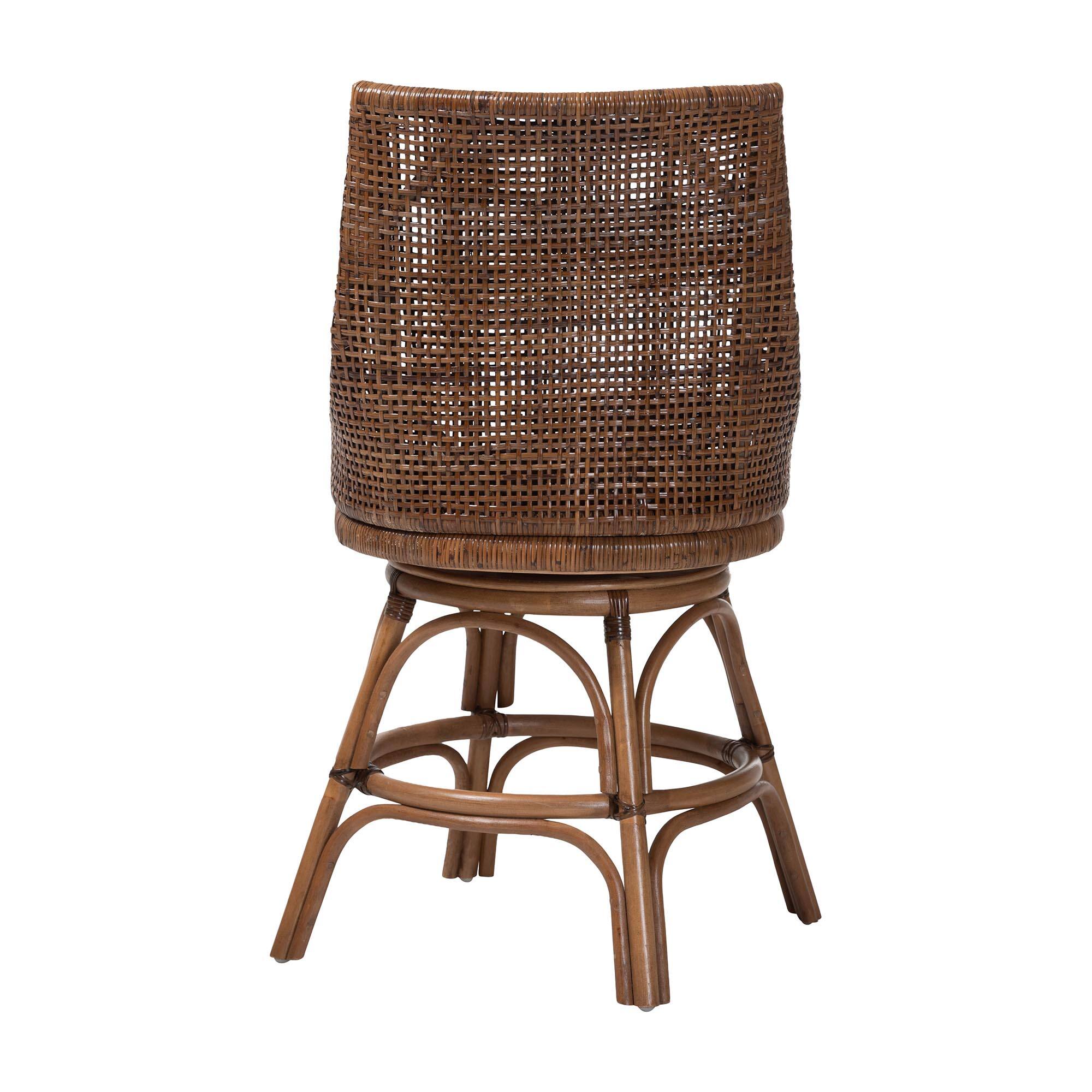 Back. bali & pari - Bella Swivel Rattan Counter Stool with Cushion - Handwoven Wicker Kitchen Island Seating with Backrest and Footrest - Coffee Bean.