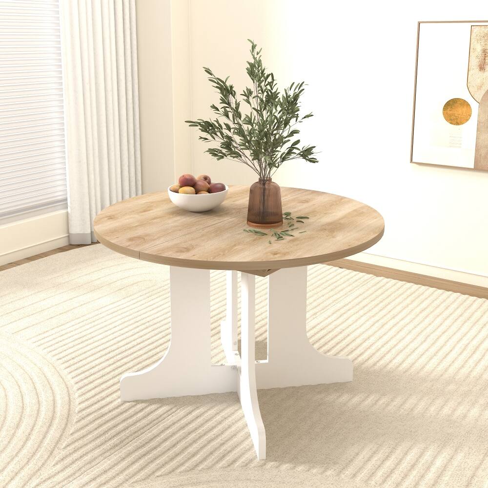 Front. Lirago - Expandable Round Dining Table with Removable Leaf X Shaped Trestle Base White 29.53"H x 43.31"D x 43.31"W - Brown.
