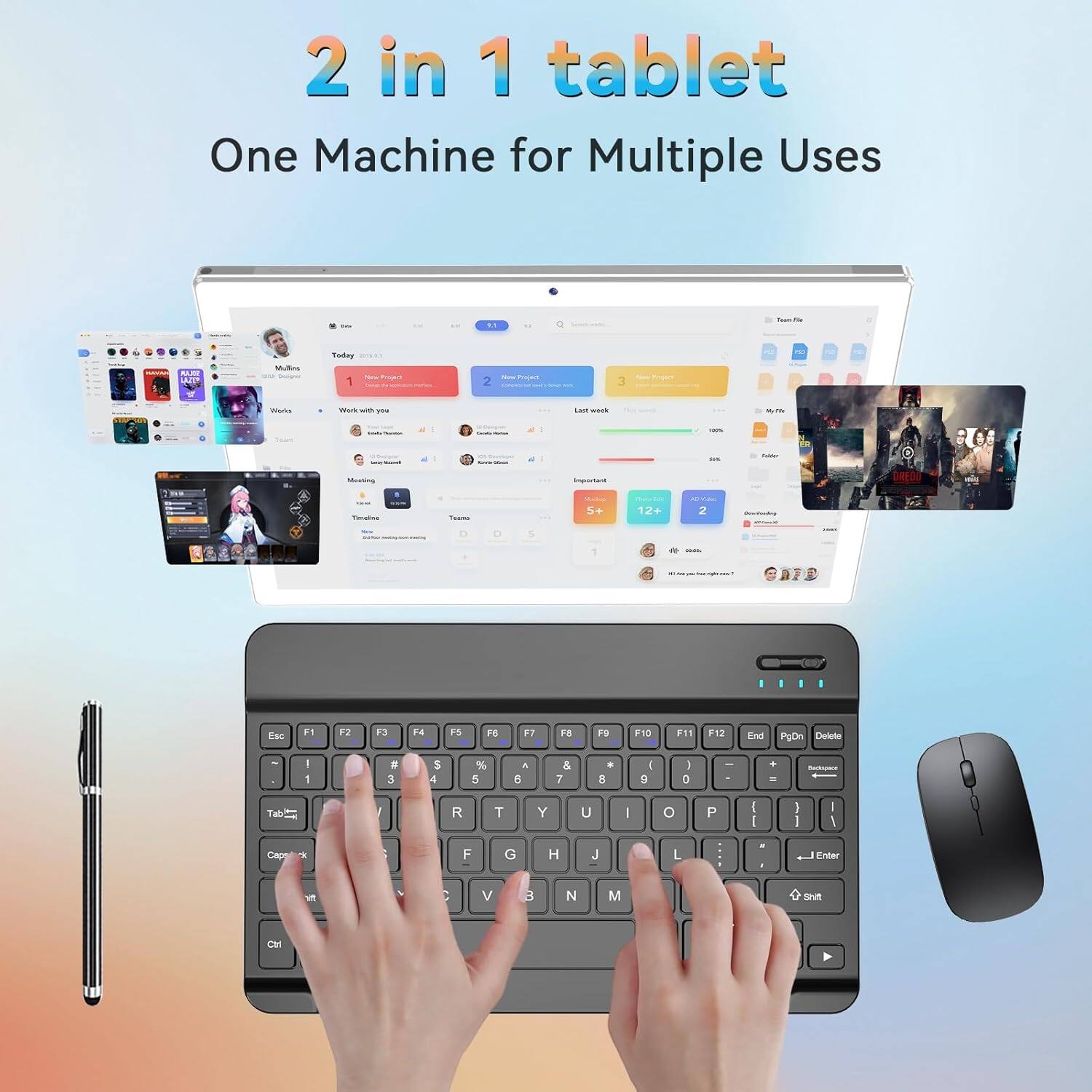 2 in 1 tablet
One Machine for Multiple Uses
CLON 2I Mulo Tordey 1 3 - Mu - yo --. - tnportan + 12+ 2 I Esc F1 F2 F3 F4 F5 F6 F7 F8 F9 F10 F11 F12 End PgDn Delete I 1 2 3 4 5 6 7 8 9 0 - 4 R T Y U - o P I I I Cap F G H J L - d Enter V E N M H CM