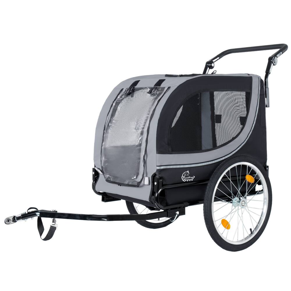Left. JUJABU - 2-in-1 Foldable Pet Carrier Cart for Dogs up to 100lbs with Breathable Mesh and PVC Rain Cover, Gray.