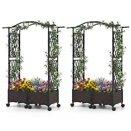 Gymax - 2PCS 5 FT Self-Watering Planter Boxes w/Lattice Trellis & Roof Lockable Wheels - Brown