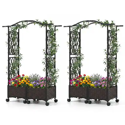 Front. Gymax - Gymax 2PCS 5 FT Self-Watering Planter Boxes w/Lattice Trellis & Roof Lockable Wheels - Brown.