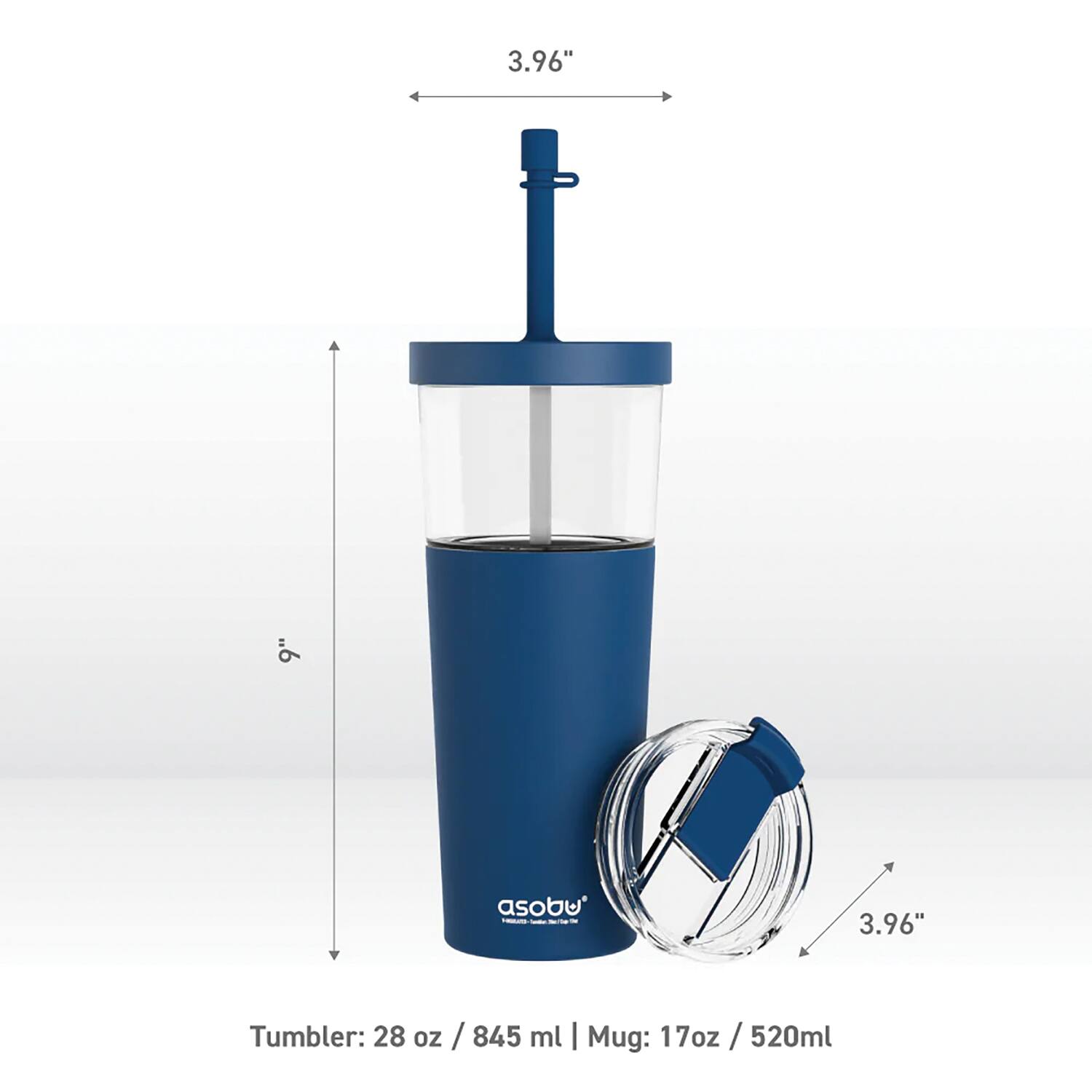 3.96"  
Tumbler: 28 oz / 845 ml  
Mug: 17 oz / 520 ml  

3.96"