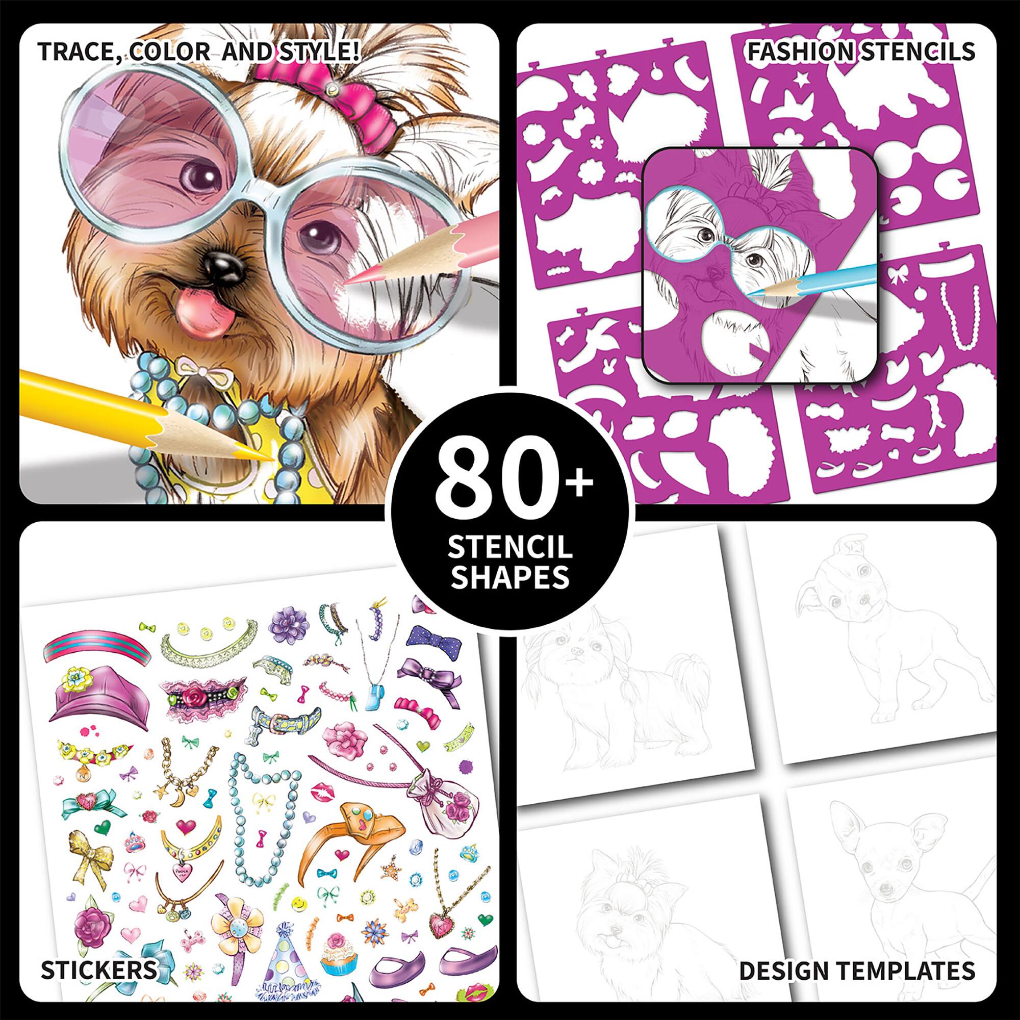 The image features a collection of various dog-themed stencils, stickers, and design templates. There are 80+ stencil shapes, including fashion stencils and design templates. The stencils are arranged in a way that showcases the different styles and colors available. The stickers and design templates are also displayed, offering a variety of options for users to choose from. The image is visually appealing and provides a clear representation of the available products for those interested in dog-themed art and design.