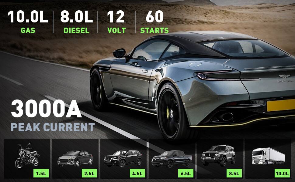 10.0L GAS  
8.0L DIESEL  
12 VOLT  
60 STARTS  
3000A PEAK CURRENT  
1.5L  
2.5L  
4.5L  
6.5L  
8.5L  
10.0L