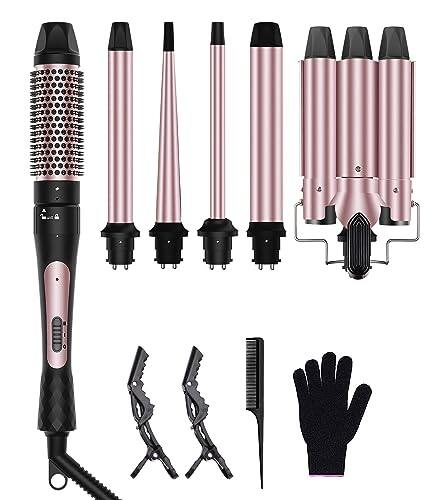 ESBANY - 6 in 1 Wand Curling Iron, 3 Barrel Curling Iron Set with Thermal Brush (1.5") and 5 Interchangeable Ceramic Wand Curler