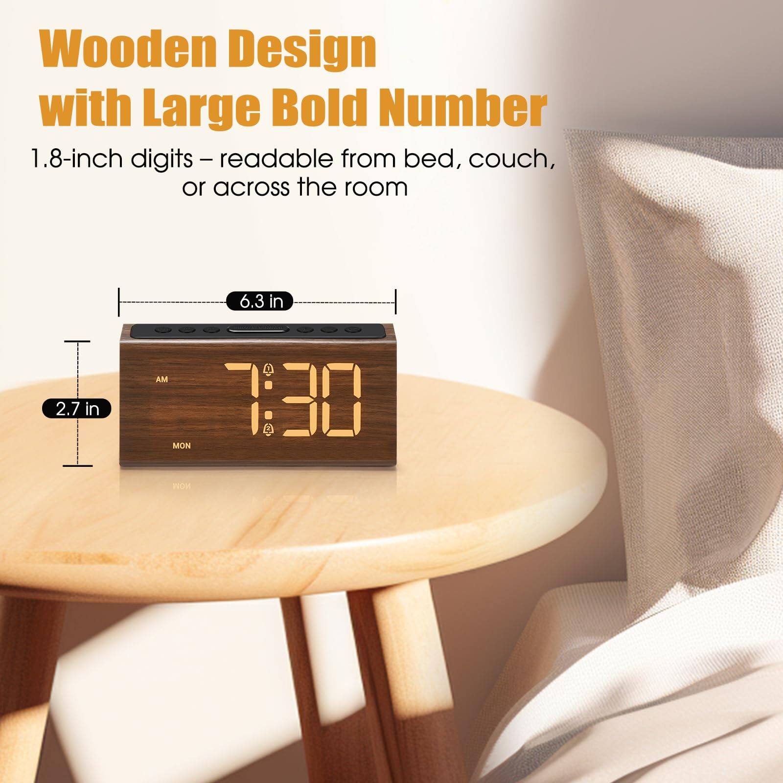 Wooden Design with Large Bold Number

1.8-inch digits – readable from bed, couch, or across the room

6.3 in  
2.7 in

7:30 AM  
MON
