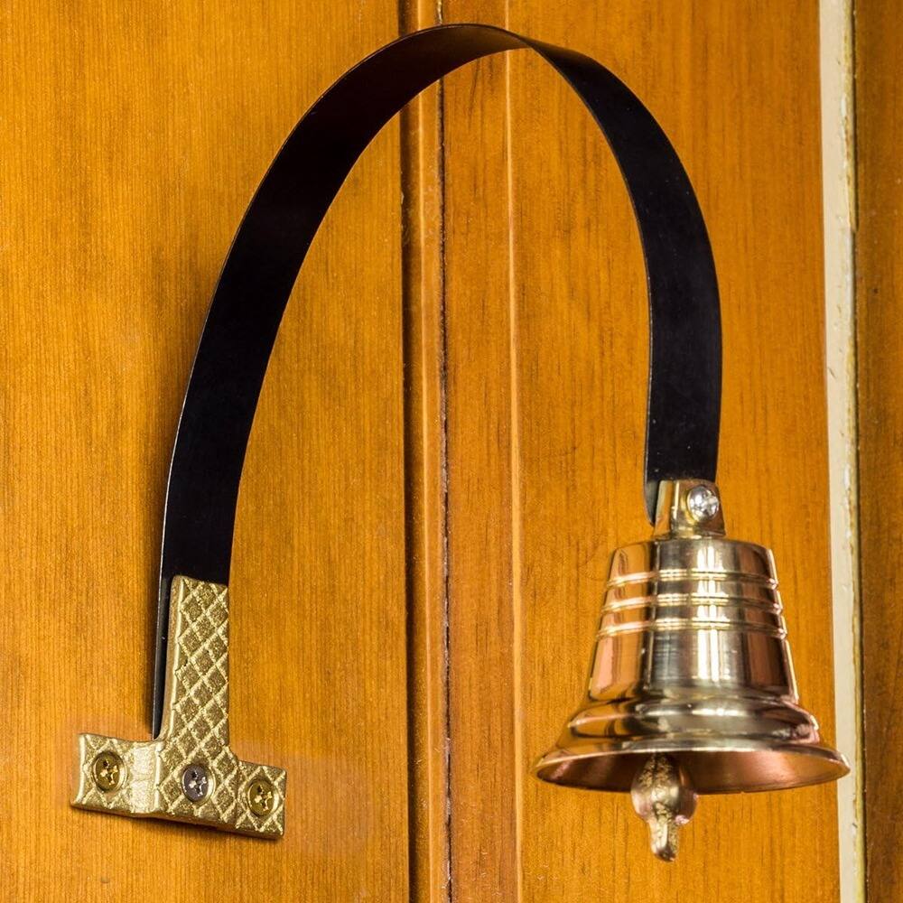 Angle. Schertz - Shopkeeper’s Brass Door Chime Bell – Entry Alert for Business - gold/brass color.