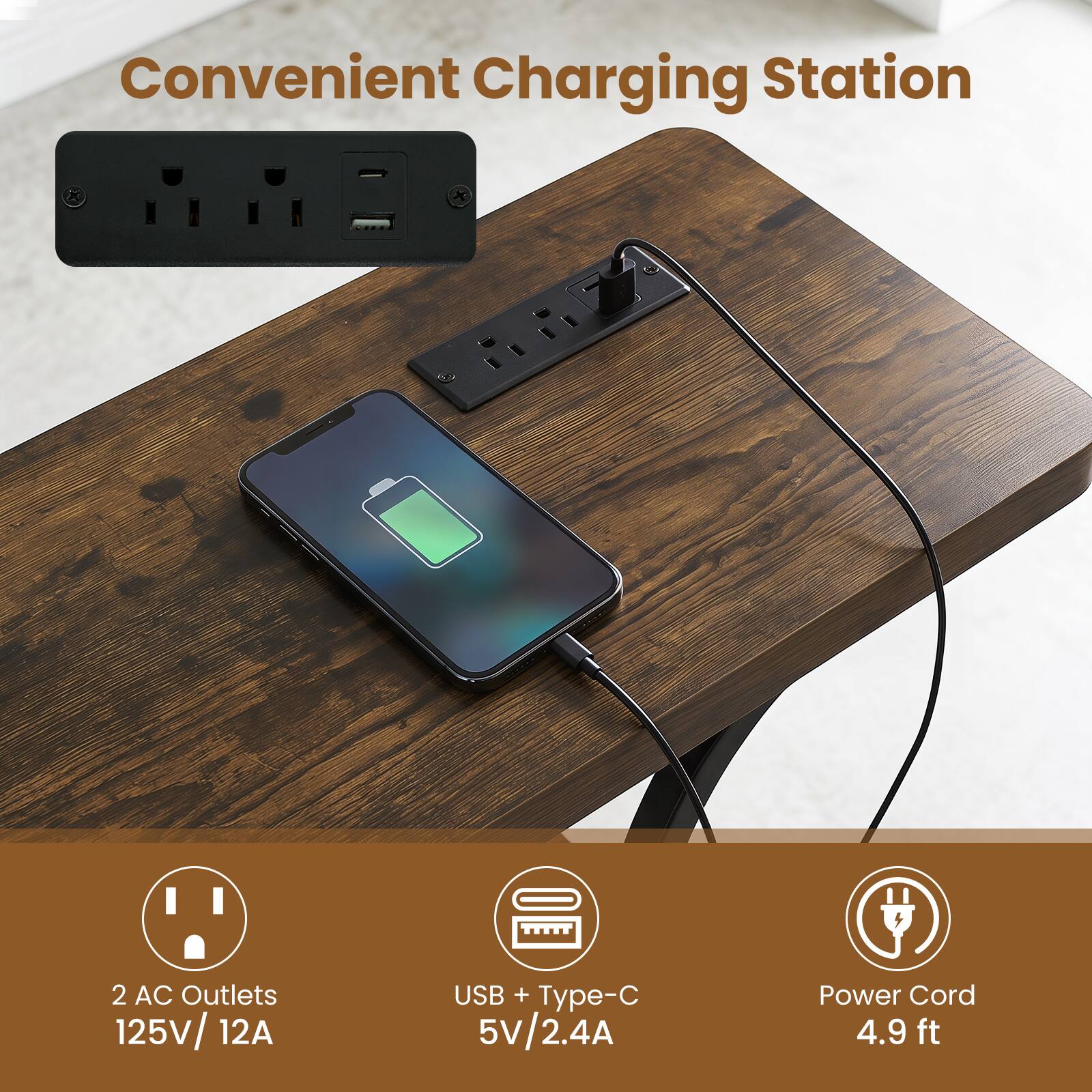 Convenient Charging Station x 2 AC Outlets 125V/12A USB + Type-C 5V/2.4A Power Cord 4.9 ft