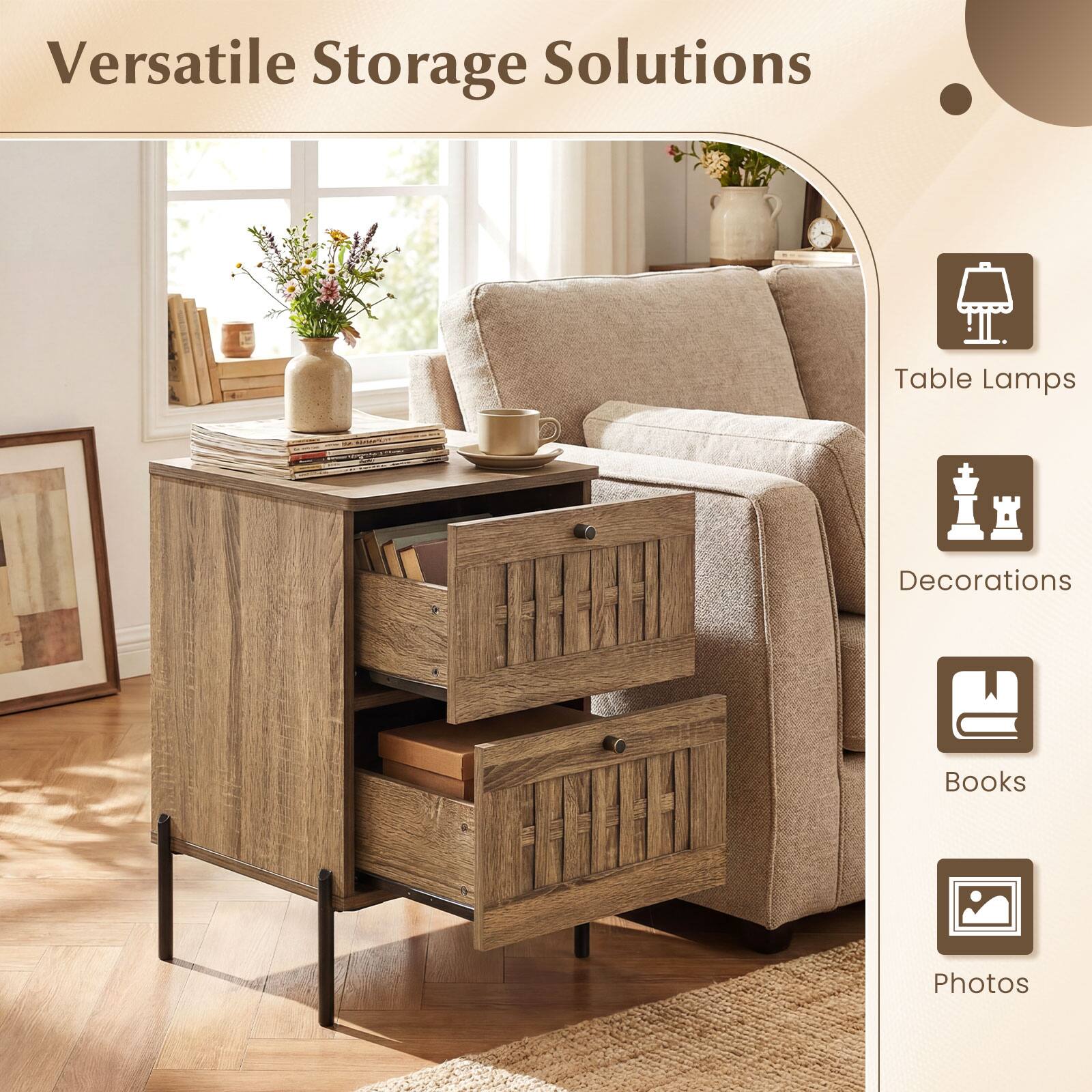 Versatile Storage Solutions

- Table Lamps
- Decorations
- Books
- Photos