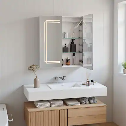 Front. Pefilos - 2-Door Bathroom Mirror Medicine Cabinet, LED Lights Anti-Fog, Charging Station, White - White.