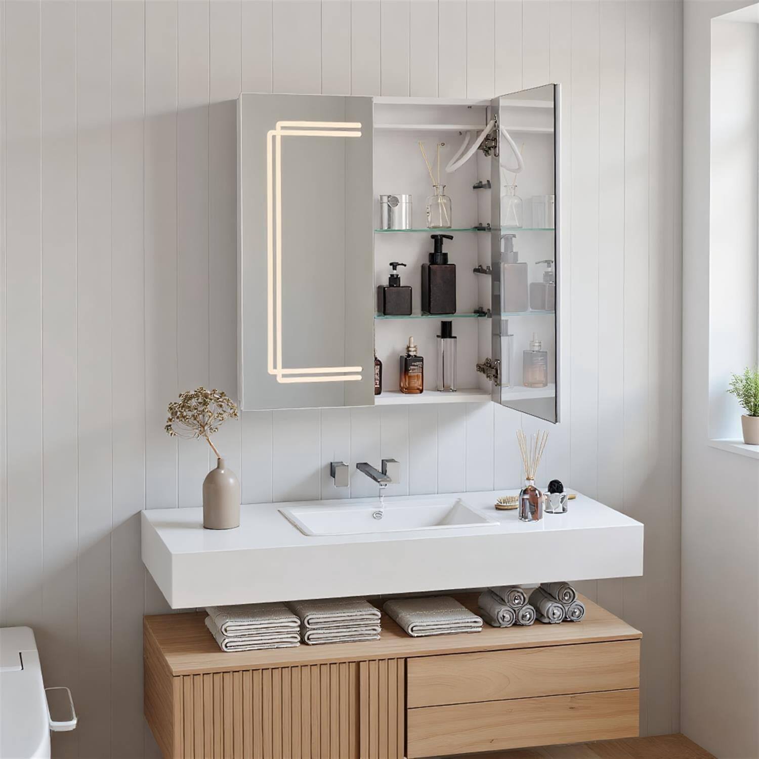 Front. Pefilos - 2-Door Bathroom Mirror Medicine Cabinet, LED Lights Anti-Fog, Charging Station, White - White.