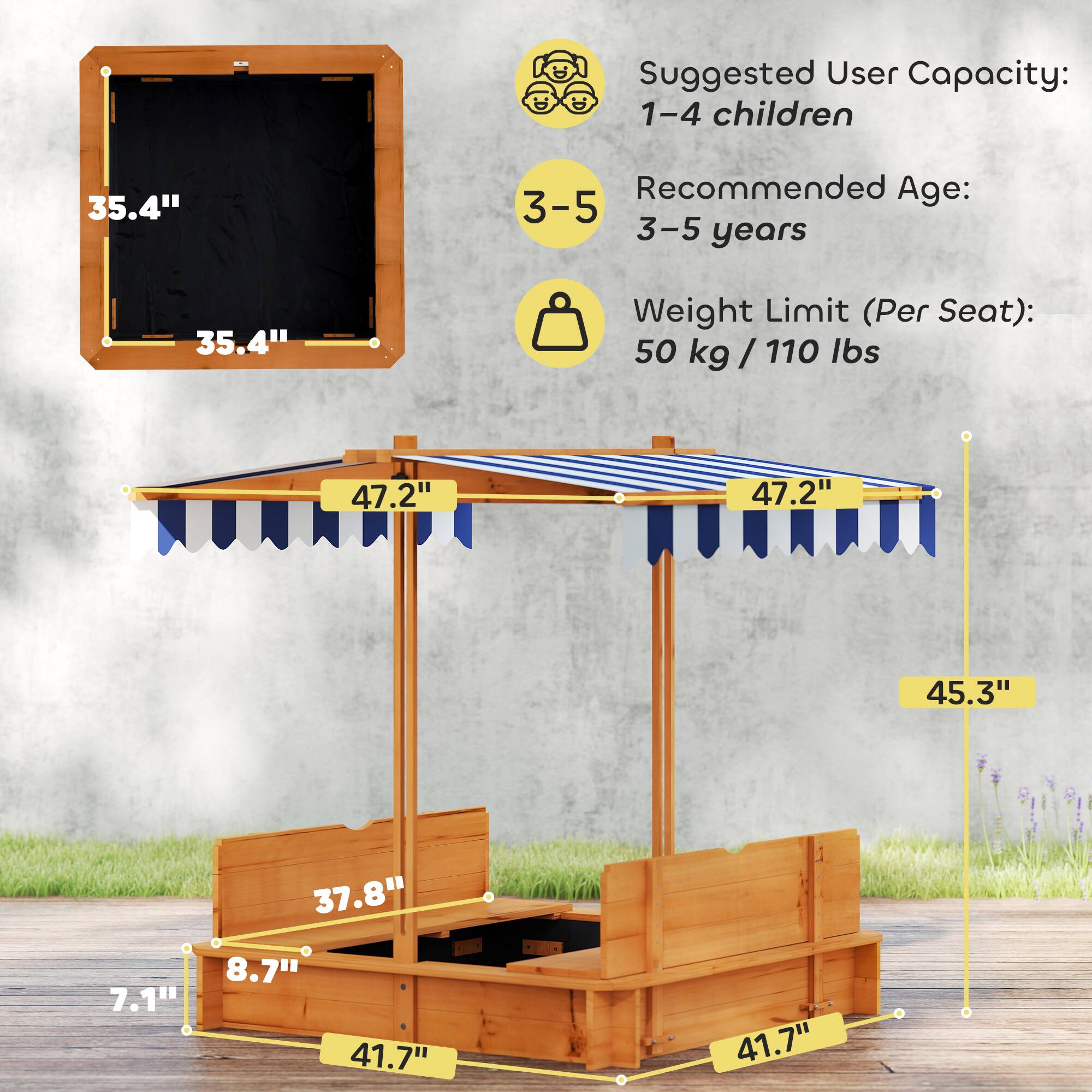 Left. Outsunny - Wooden Sandbox with Lid, Kids Sandbox with Canopy Outdoor, Sand Box with Foldable Bench Seats and Sand Protection.