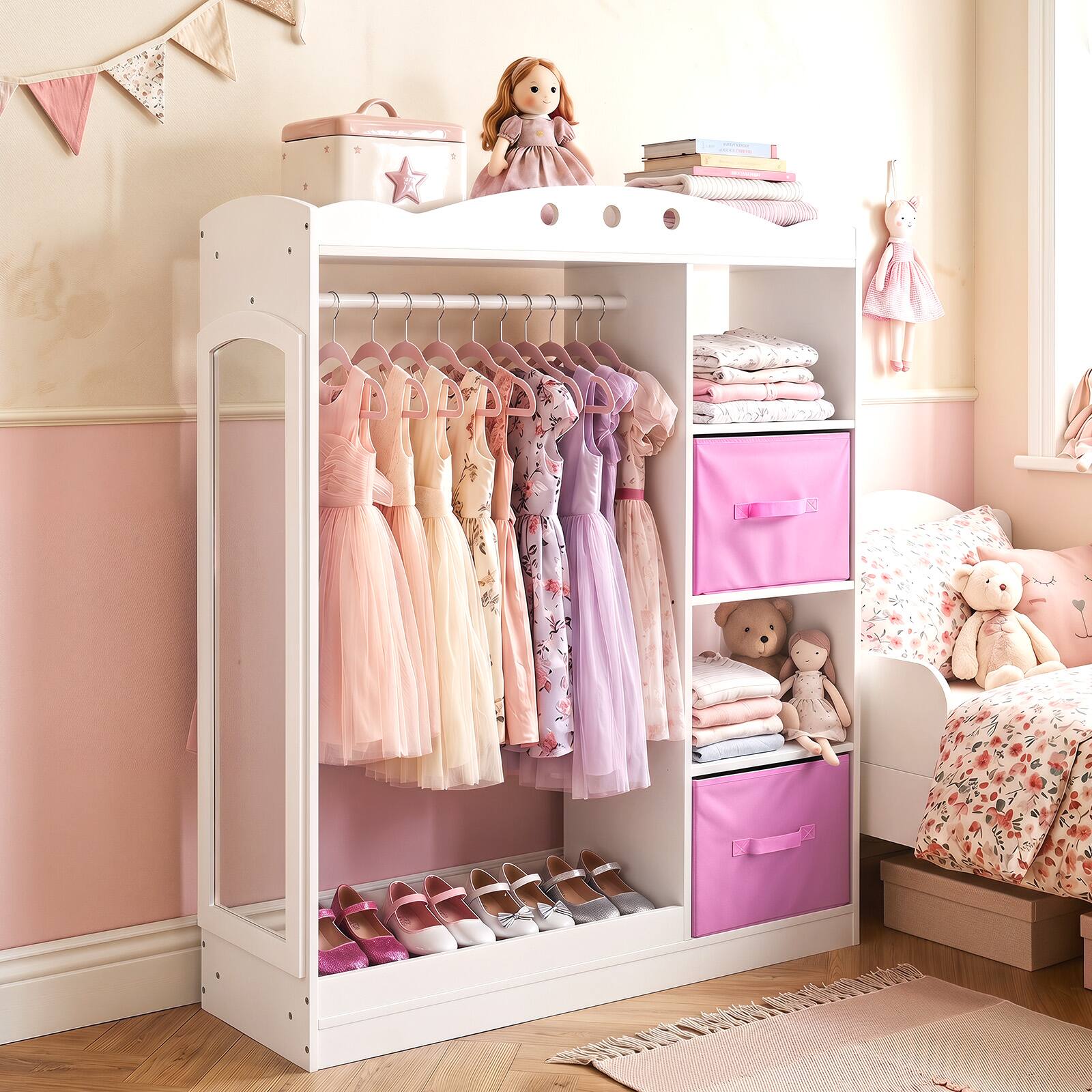 Alt View 4. Costway - Costway Kids Dress Up Storage with Full Length Mirror, Open Shelves, Hanging Rod & Drawers - White.