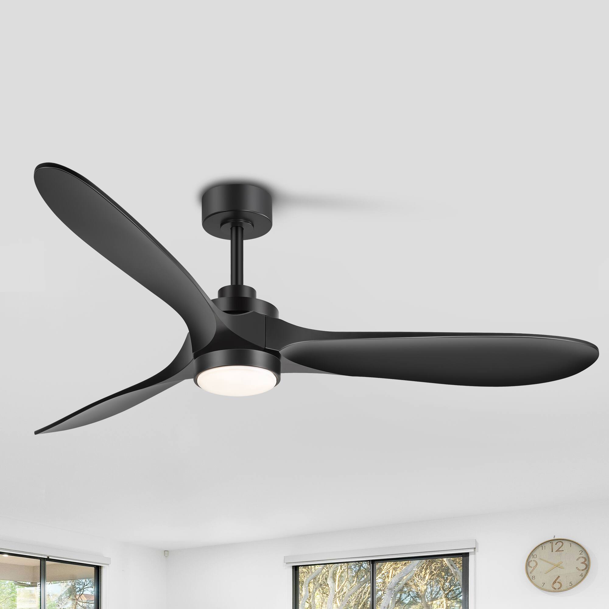 Back. Breezary - 60-Inch Indoor Ceiling Fan with 3 ABS Blades, DC Motor, 6-Speed Remote Control with Timer, 6"&12" Downrods, Led/No Light - Black (With Light).