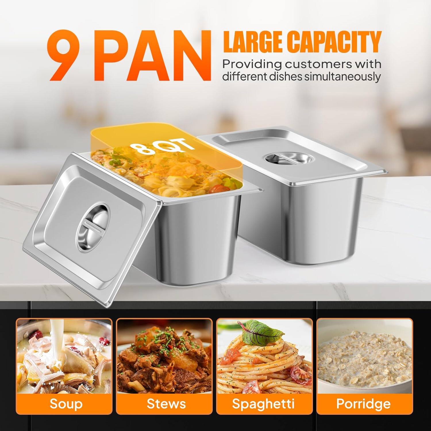 LARGE CAPACITY  
9 PAN  
Providing customers with different dishes simultaneously  

Soup  
Stews  
Spaghetti  
Porridge