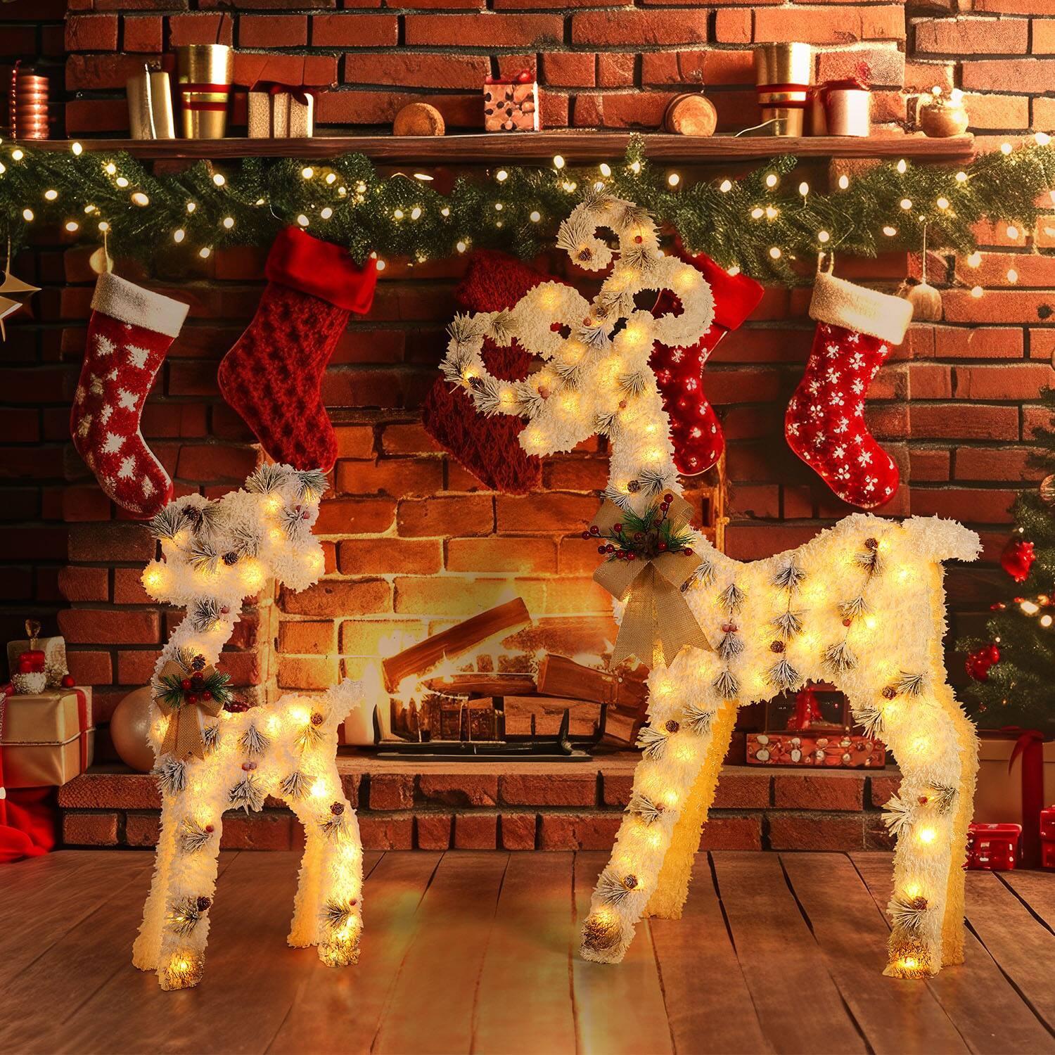 Alt View 3. Oumilen - Pre‑Lit Flocked Reindeer 3‑Piece Set – L/M/S Christmas Yard Sculptures with Bow & Pine Cone for Outdoor Lawn.