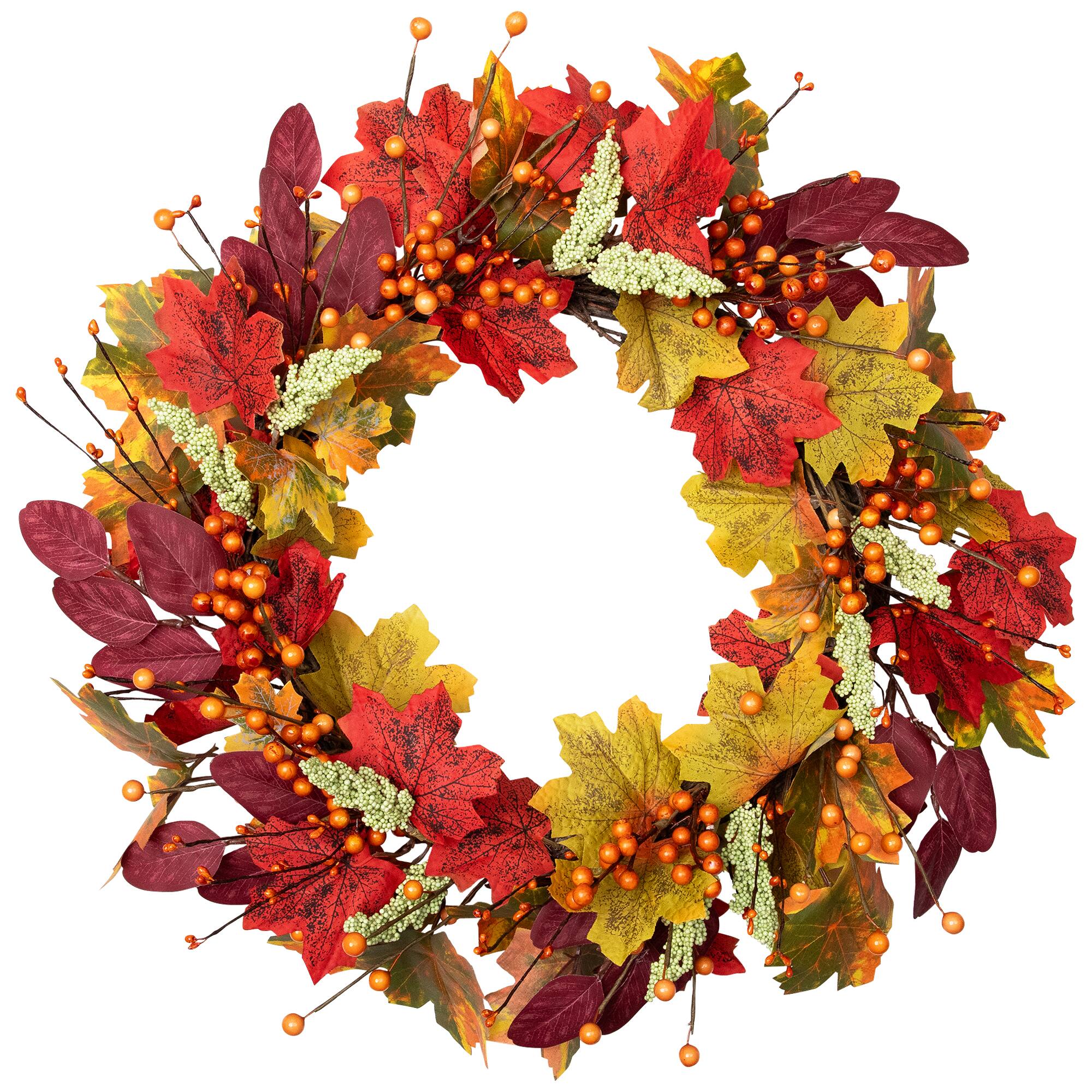 Alt View 1. Northlight - Leaves and Berries Artificial Fall Harvest Wreath - 20" - Red.