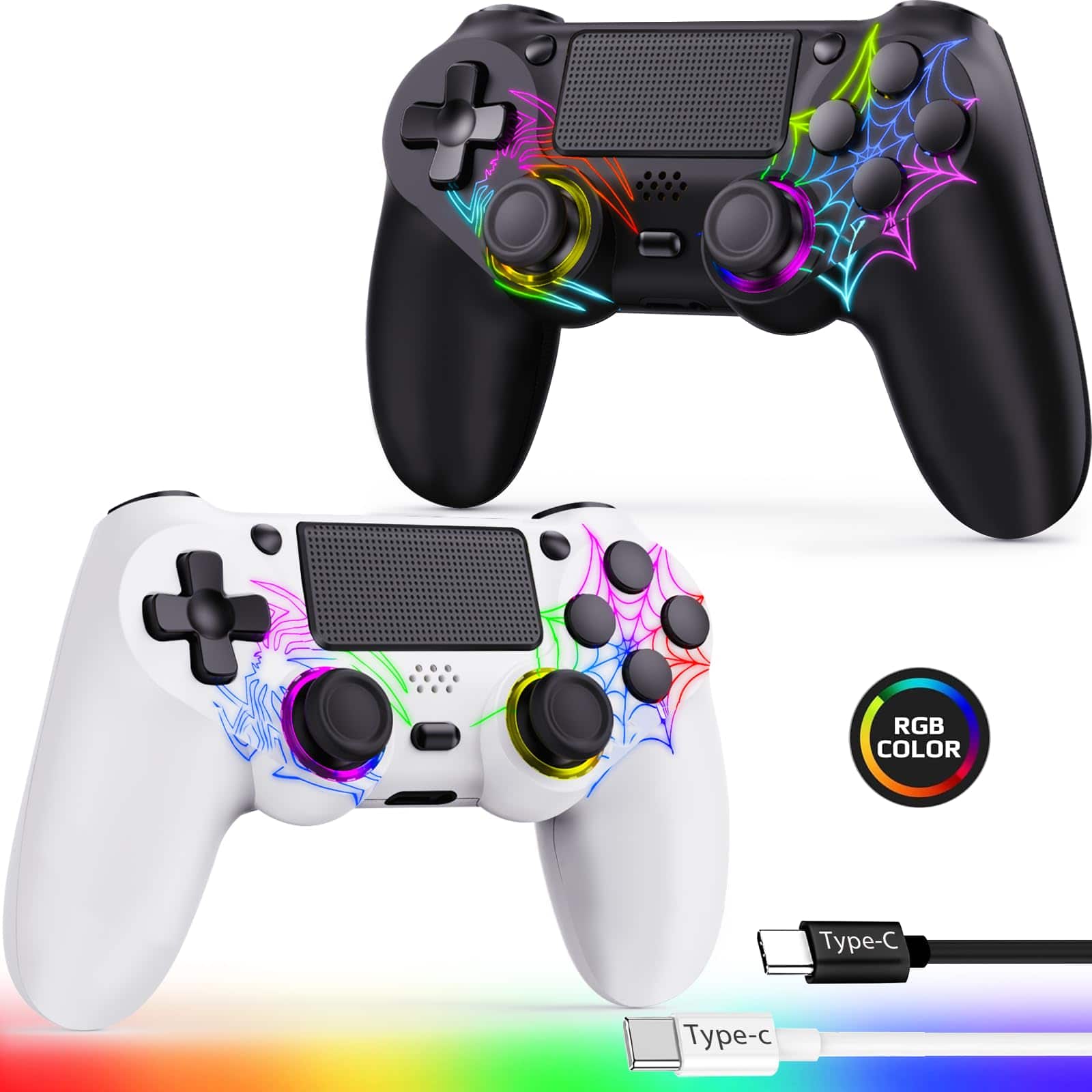 HM 1810 - Controller For Ps4 Pattern Rgb With Hall Effect Joystick/1000mah Battery/usb C/dual Vibration/6-axis Gyro/ - Black+White