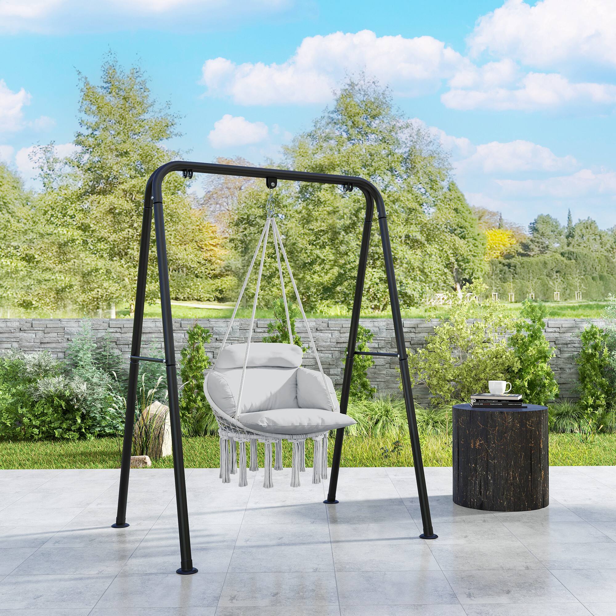 Alt View 1. Outsunny - Hammock Swing Chair, Outdoor Hanging Chair with Large Cushion, Cotton Rope Weaving Macrame Swing with Chain - Gray.
