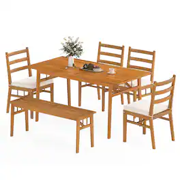 Gymax - 6PCS Patio Acacia Wood Dining Set w/Bench 1.97'' Umbrella Hole Cushions for Yard - Natural