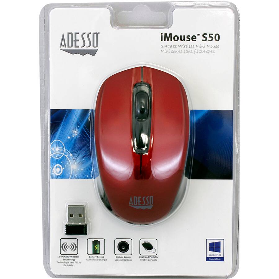ADESSO iMouse S50  
2.4GHz Wireless Mini Mouse  
Mini souris sans fil 2.4GHz  

- 2.4 GHz RF Wireless Technology  
- Battery Saving  
- Optical Sensor  
- Small and Portable  

Windows 10 Compatible