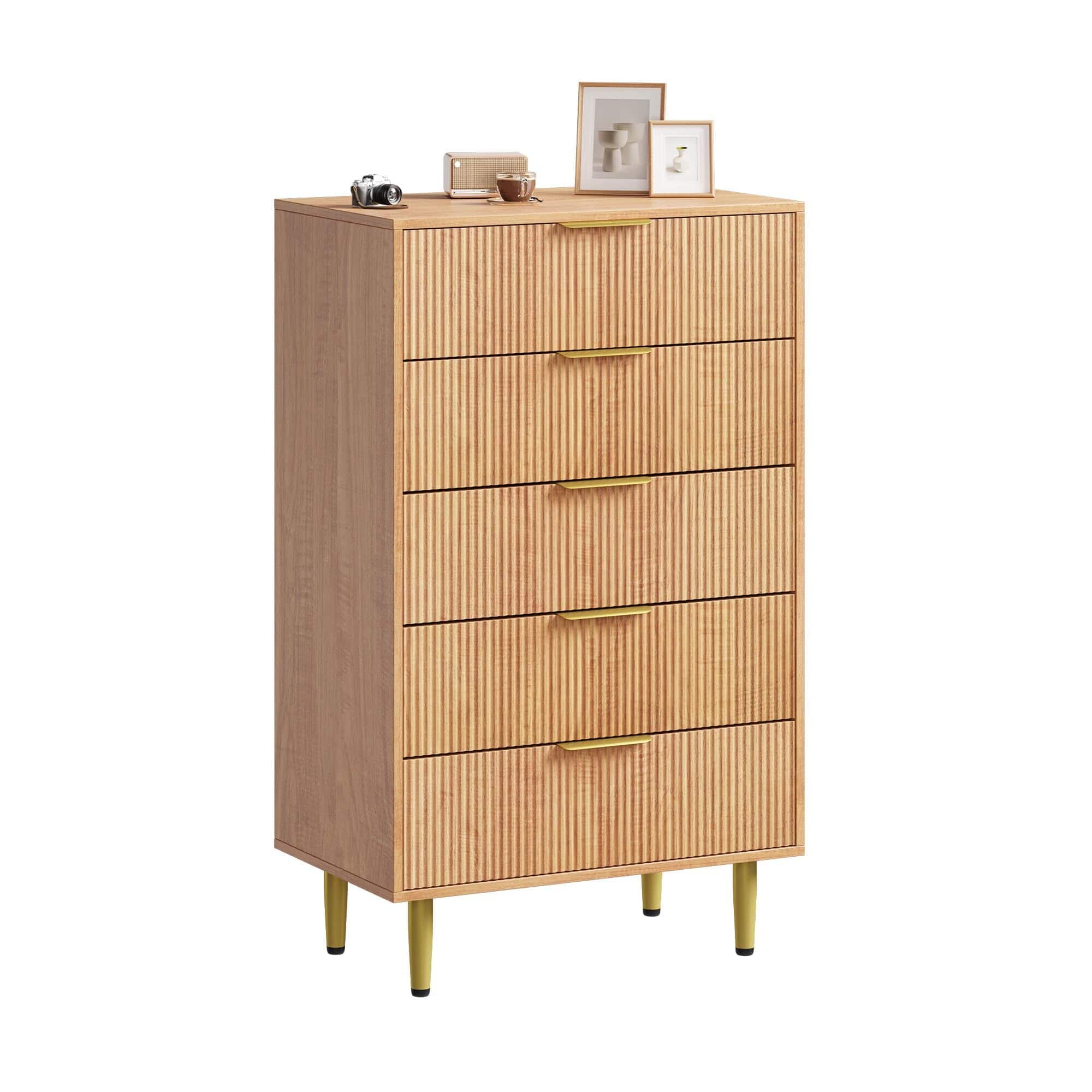 Acekool - Fluted Dresser for Bedroom with 5 Drawers, Wooden Chest of Drawers with Metal Handle & Feet - Yellow