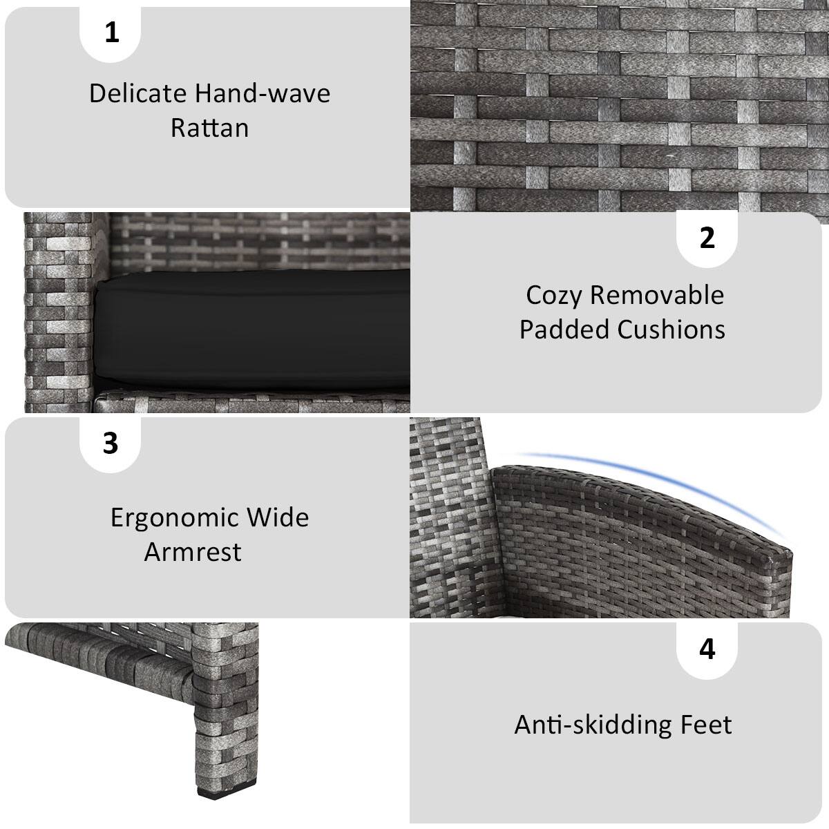 1. Delicate Hand-wave Rattan
2. Cozy Removable Padded Cushions
3. Ergonomic Wide Armrest
4. Anti-skidding Feet