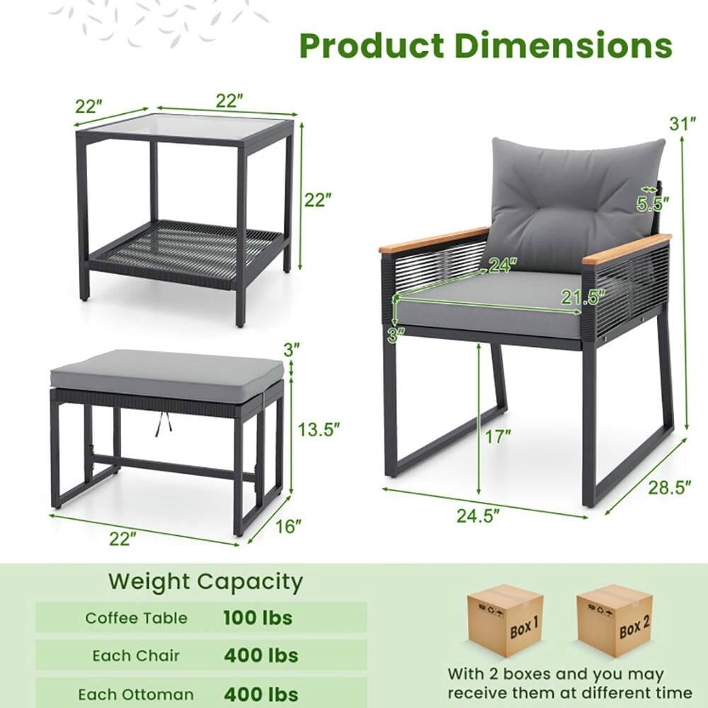 Product Dimensions

- Coffee Table: 22" x 22" x 31"
- Chair: 24" x 21.5" x 31" (seat height 17", seat depth 24.5", armrest height 5.5")
- Ottoman: 22" x 16" x 13.5"

Weight Capacity

- Coffee Table: 100 lbs
- Each Chair: 400 lbs
- Each Ottoman: 400 lbs

With 2 boxes and you may receive them at different times.