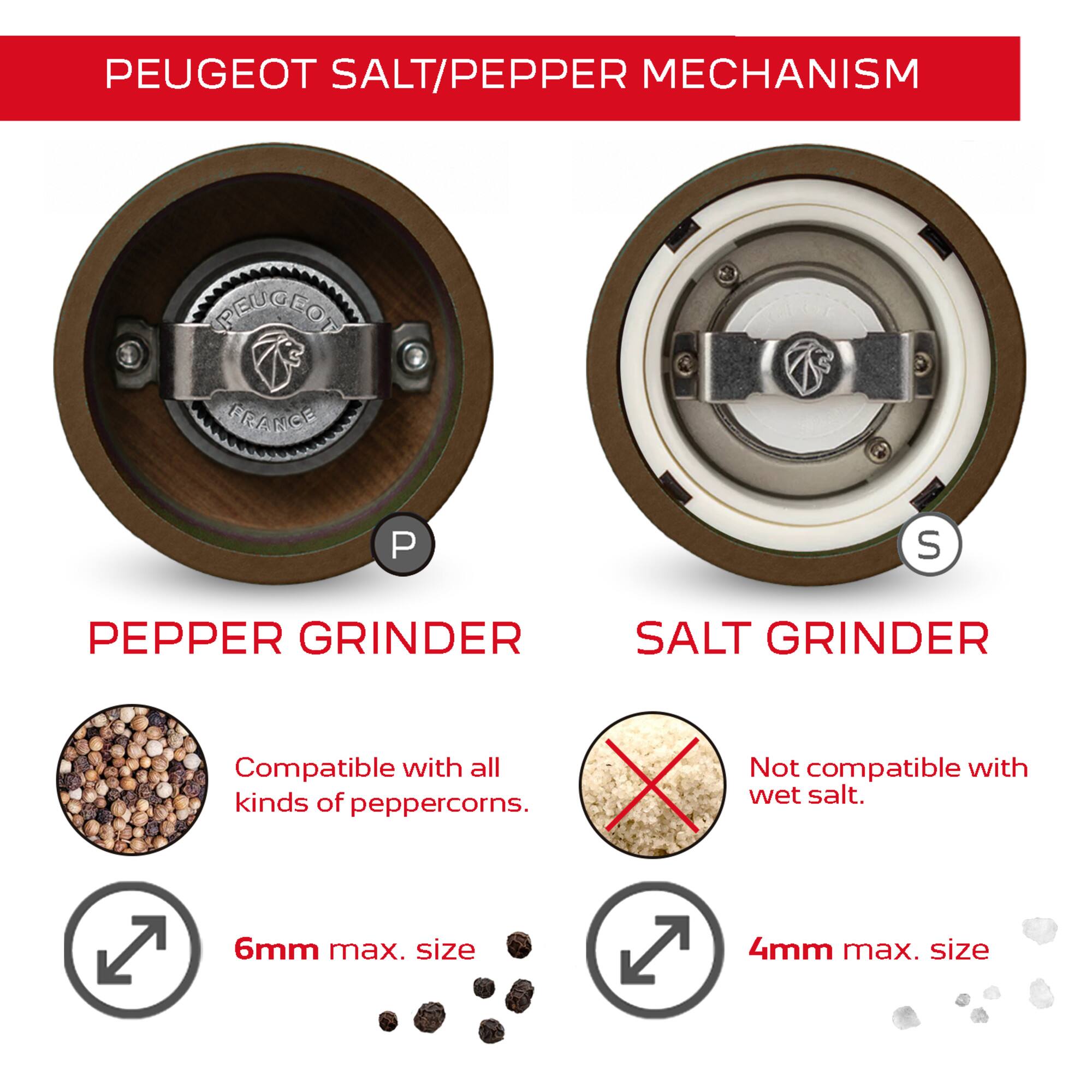 PEUGEOT SALT/PEPPER MECHANISM

PEPPER GRINDER
Compatible with all kinds of peppercorns.
6mm max. size

SALT GRINDER
Not compatible with wet salt.
4mm max. size