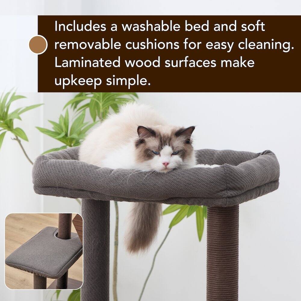 Includes a washable bed and soft removable cushions for easy cleaning. Laminated wood surfaces make upkeep simple.
