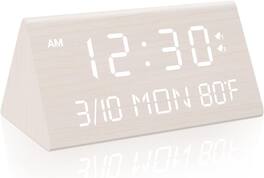 FINEAK - Wooden Digital Alarm Clock, 0-100% Dimmer, 2 Alarm Settings - White