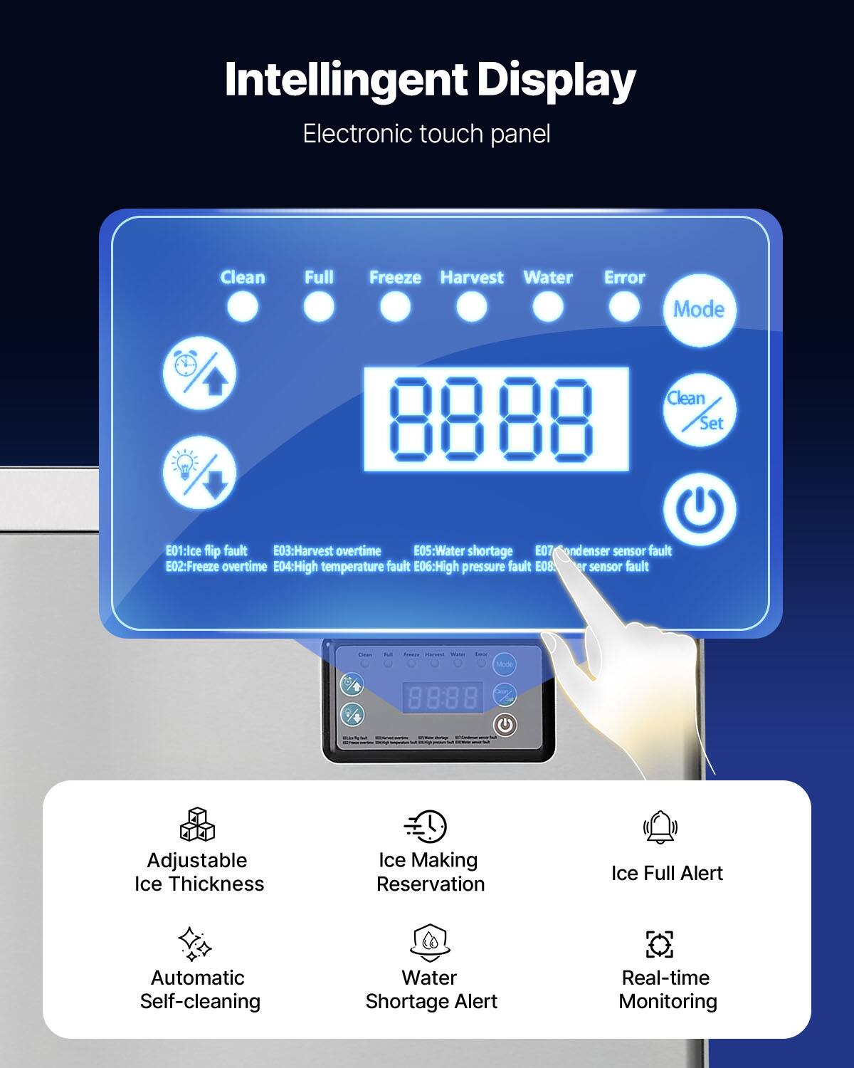 Intelligent Display Electronic touch panel

Clean
Full
Freeze Harvest Water
Error Mode
Clean Set
E01: Ice flip fault
E03: Harvest overtime
E05: Water shortage
E07: Condenser sensor fault
E02: Freeze overtime
E04: High temperature fault
E06: High pressure fault
E08: er sensor fault

Water
Green
Mode
88:88

Adjustable Ice Thickness
Ice Making Reservation
Ice Full Alert
Automatic Self-cleaning
Water Shortage Alert
Real-time Monitoring
