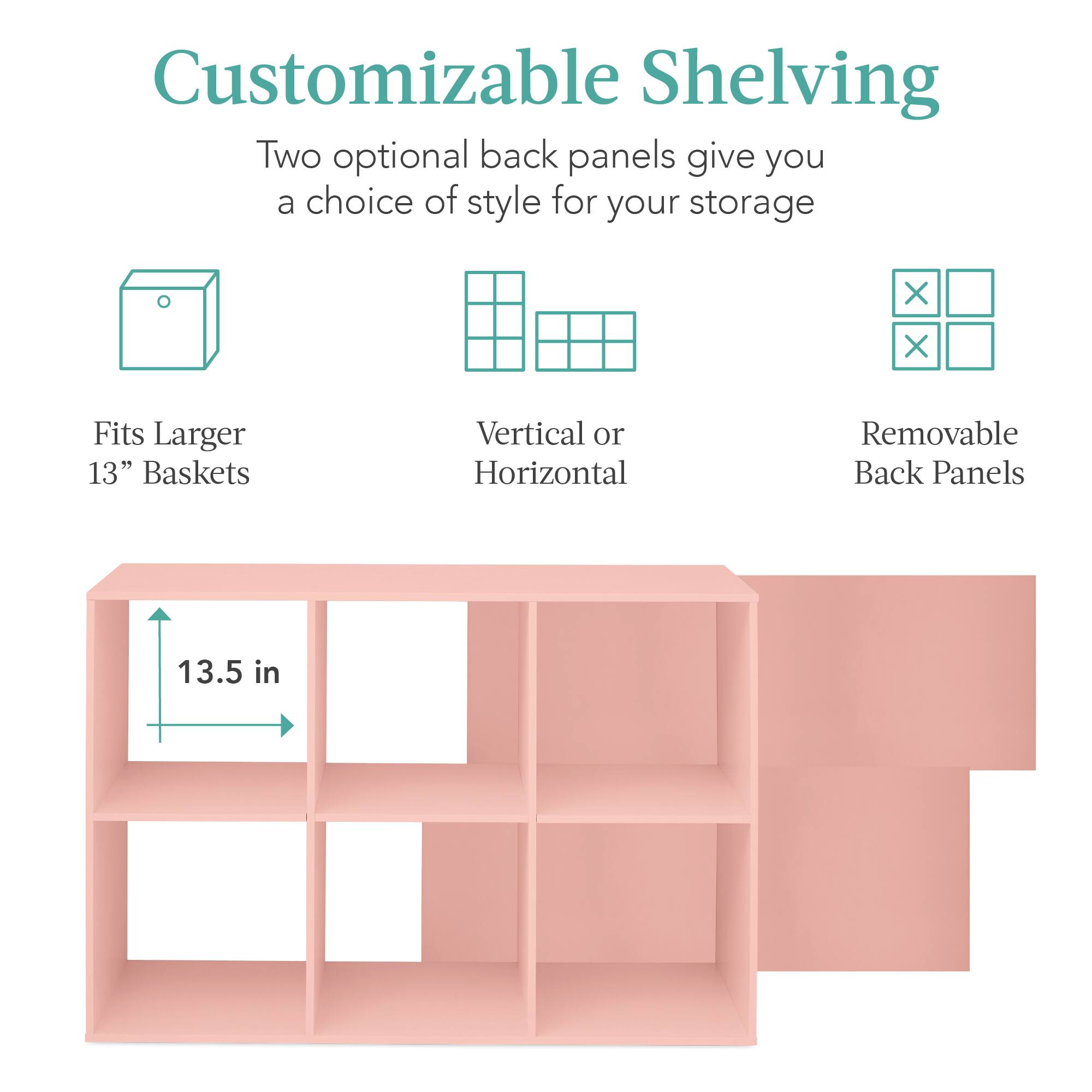 Customizable Shelving

Two optional back panels give you a choice of style for your storage.

- Fits Larger 13" Baskets
- Vertical or Horizontal
- Removable Back Panels

13.5 in